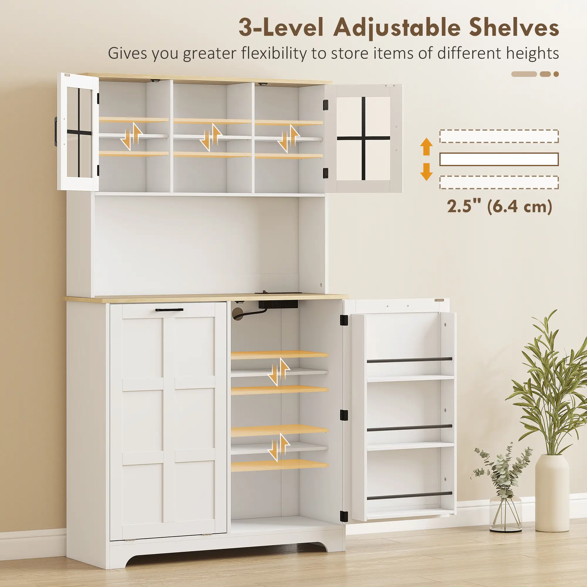 Kitchen Pantry Cabinet, 7 Gallon Trash Can, Adjustable Shelves, White - Image 7