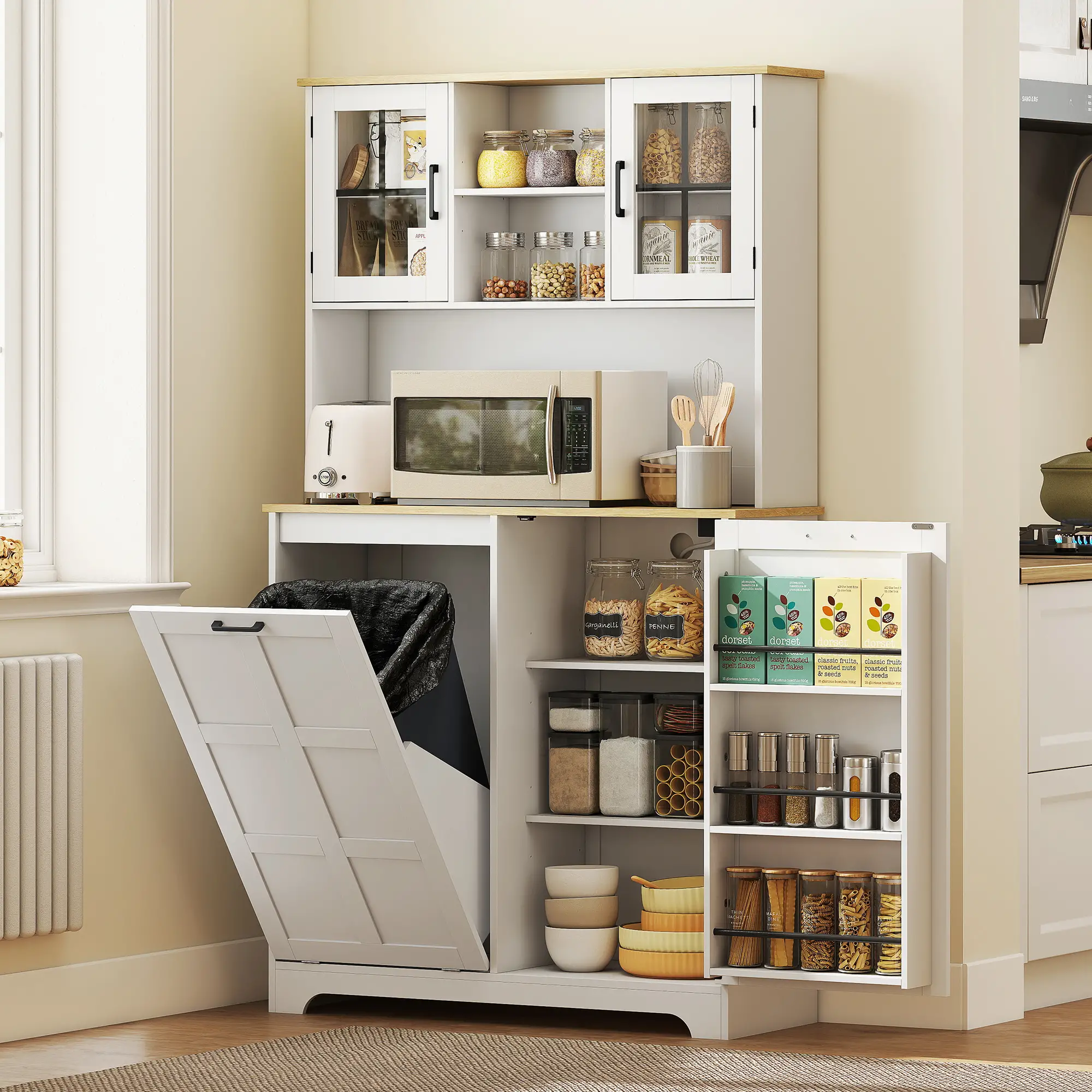 Kitchen Pantry Cabinet, 7 Gallon Trash Can, Adjustable Shelves, White - Image 8