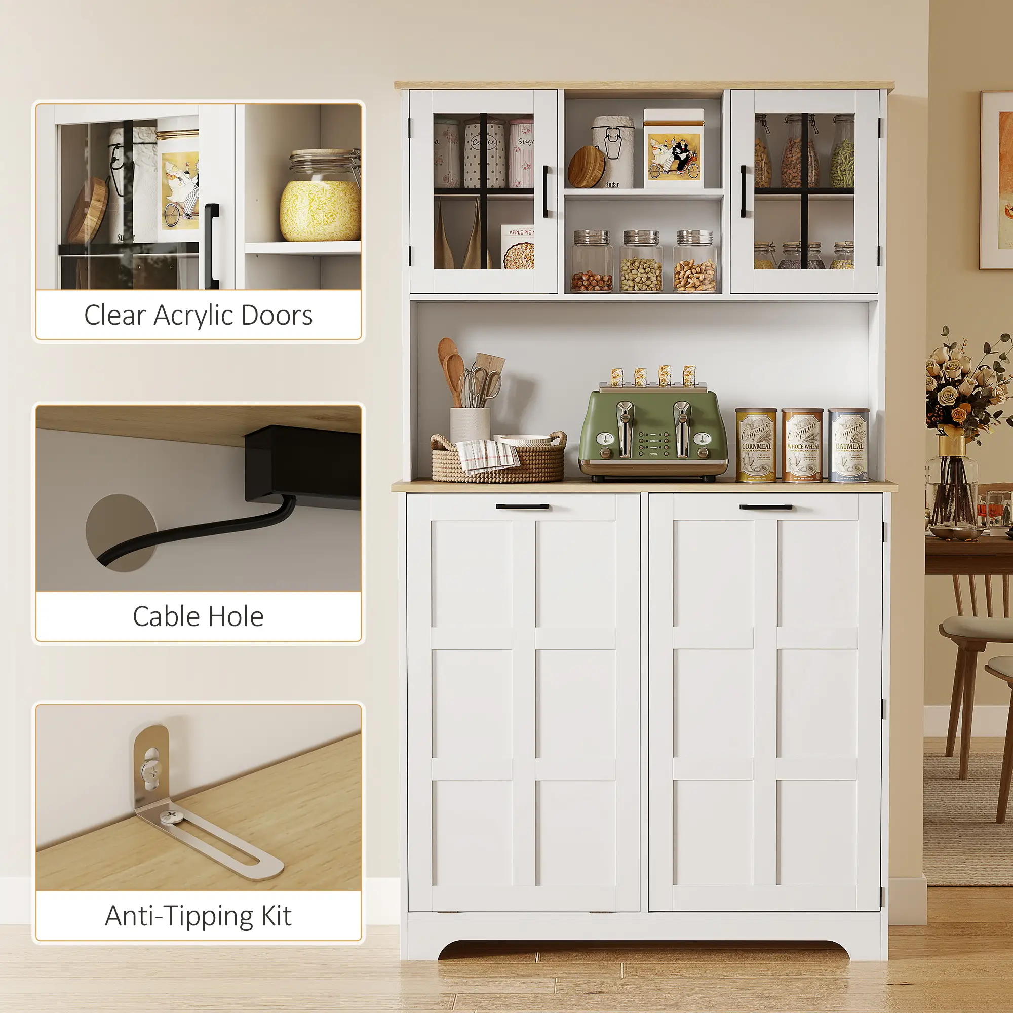 Kitchen Pantry Cabinet, 7 Gallon Trash Can, Adjustable Shelves, White - Image 9