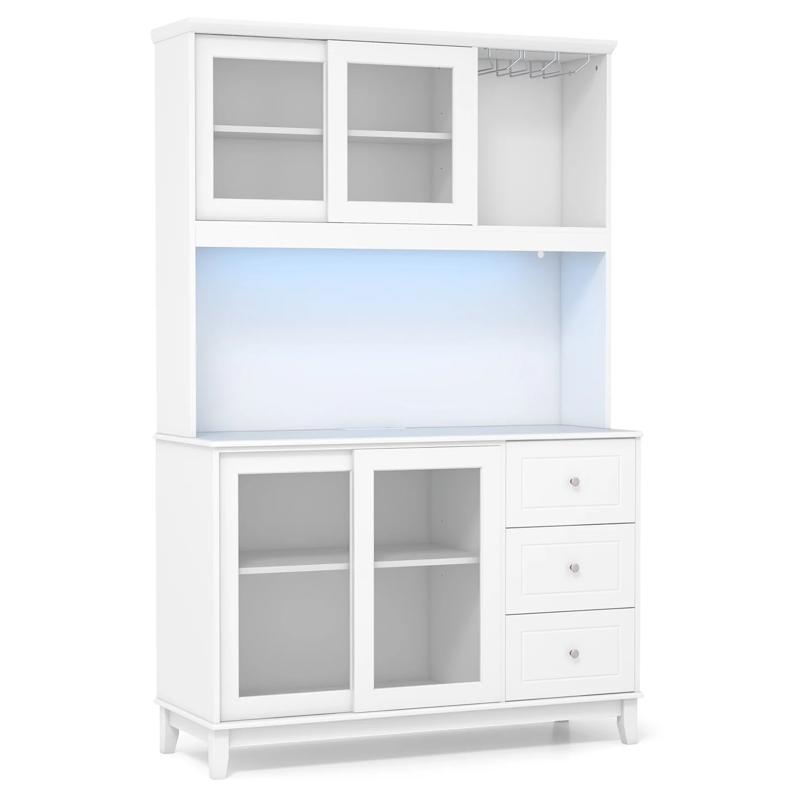 Kitchen Pantry Storage Cabinet With LED Lights, Power Outlet, White
