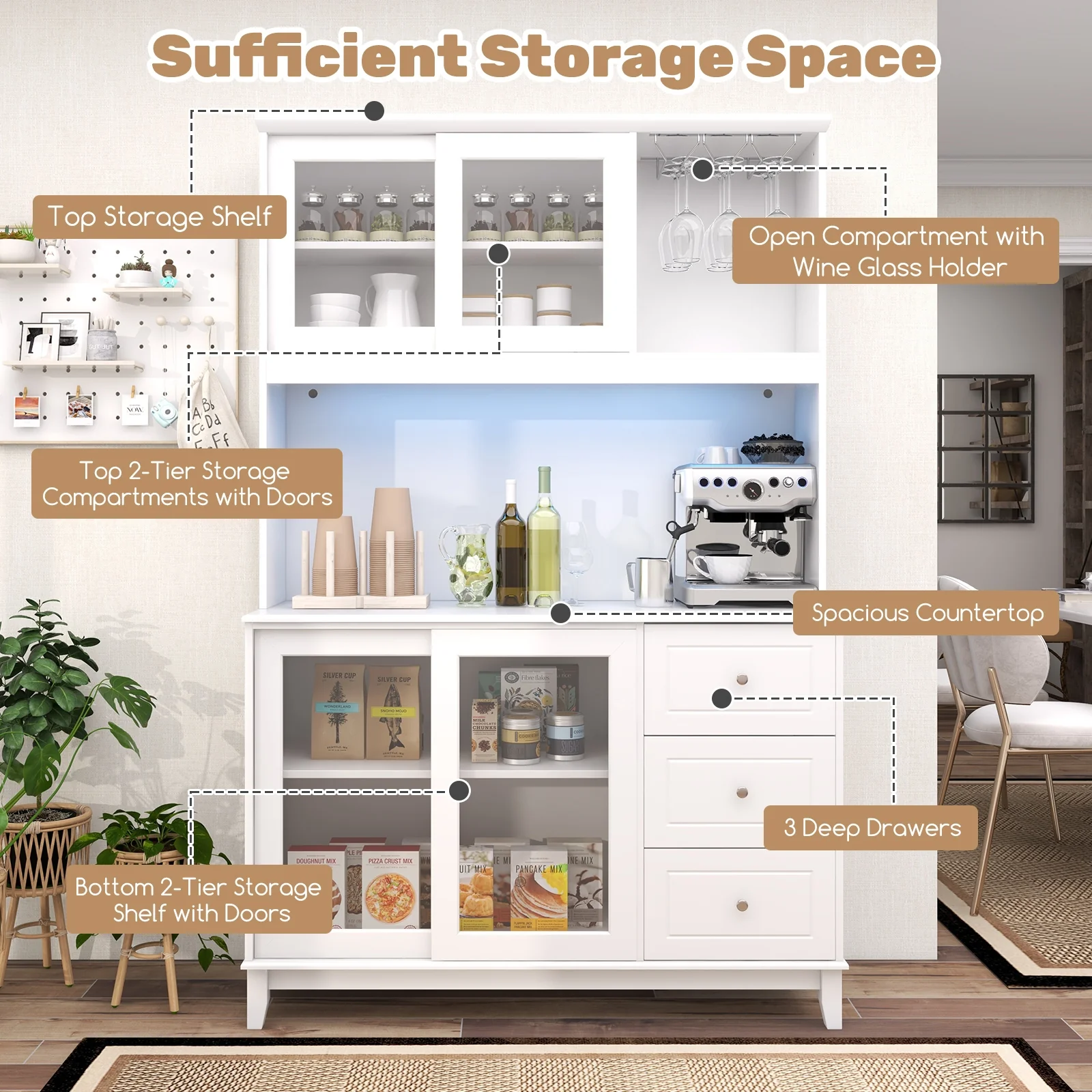 Kitchen Pantry Storage Cabinet With LED Lights, Power Outlet, White - Image 10