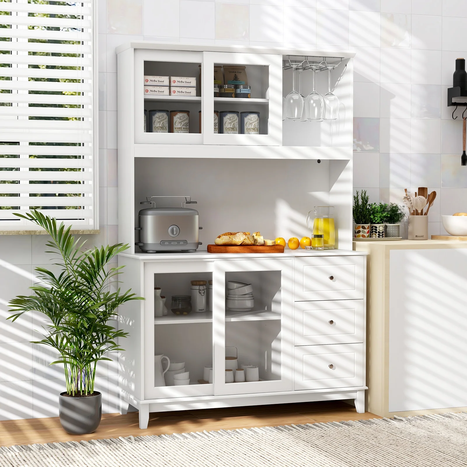 Kitchen Pantry Storage Cabinet With LED Lights, Power Outlet, White - Image 2