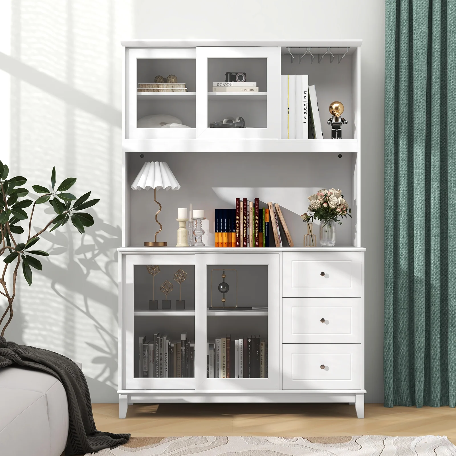 Kitchen Pantry Storage Cabinet With LED Lights, Power Outlet, White - Image 3