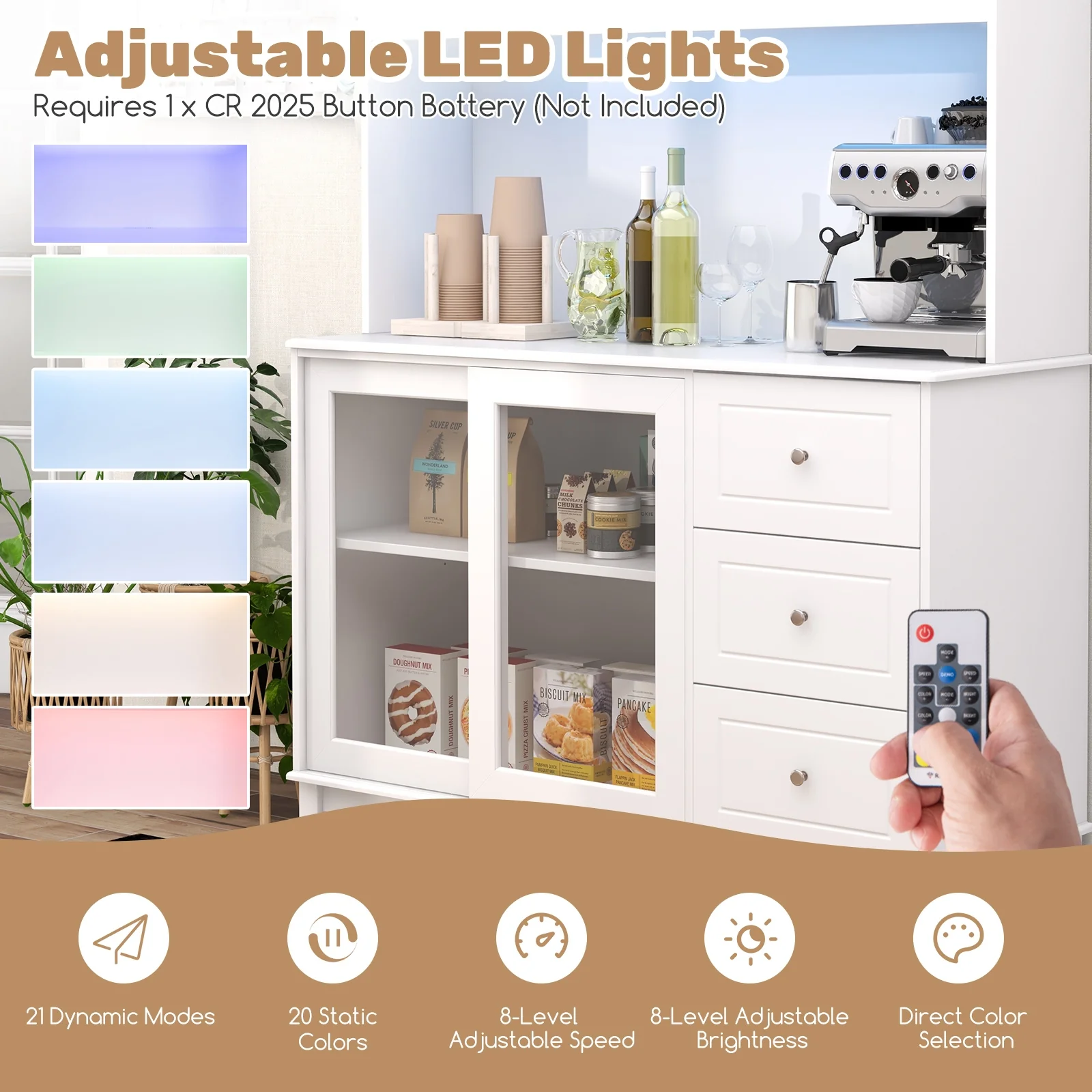 Kitchen Pantry Storage Cabinet With LED Lights, Power Outlet, White - Image 8