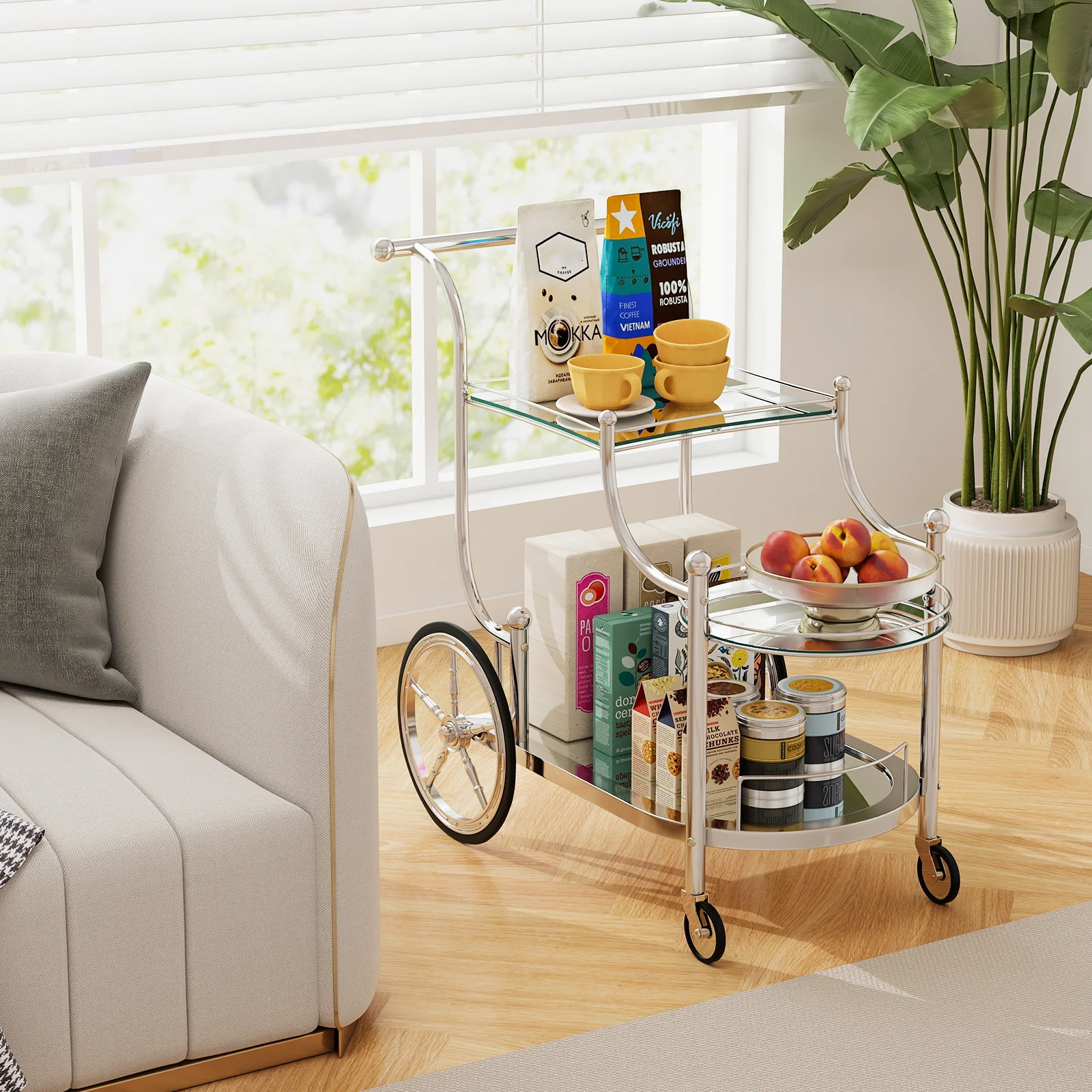 Kitchen Rolling Bar Cart, Tempered Glass, Silver - Image 2