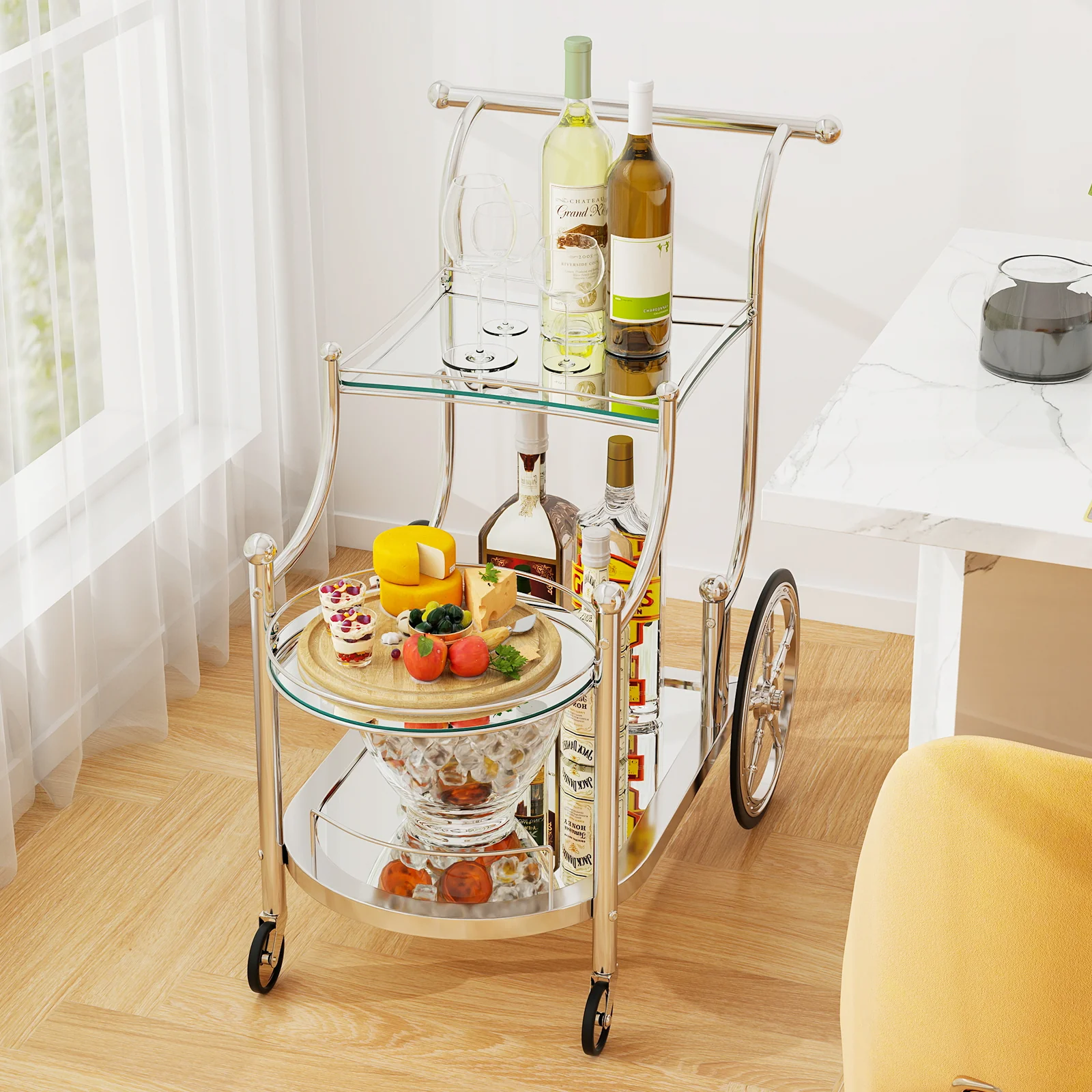 Kitchen Rolling Bar Cart, Tempered Glass, Silver - Image 3