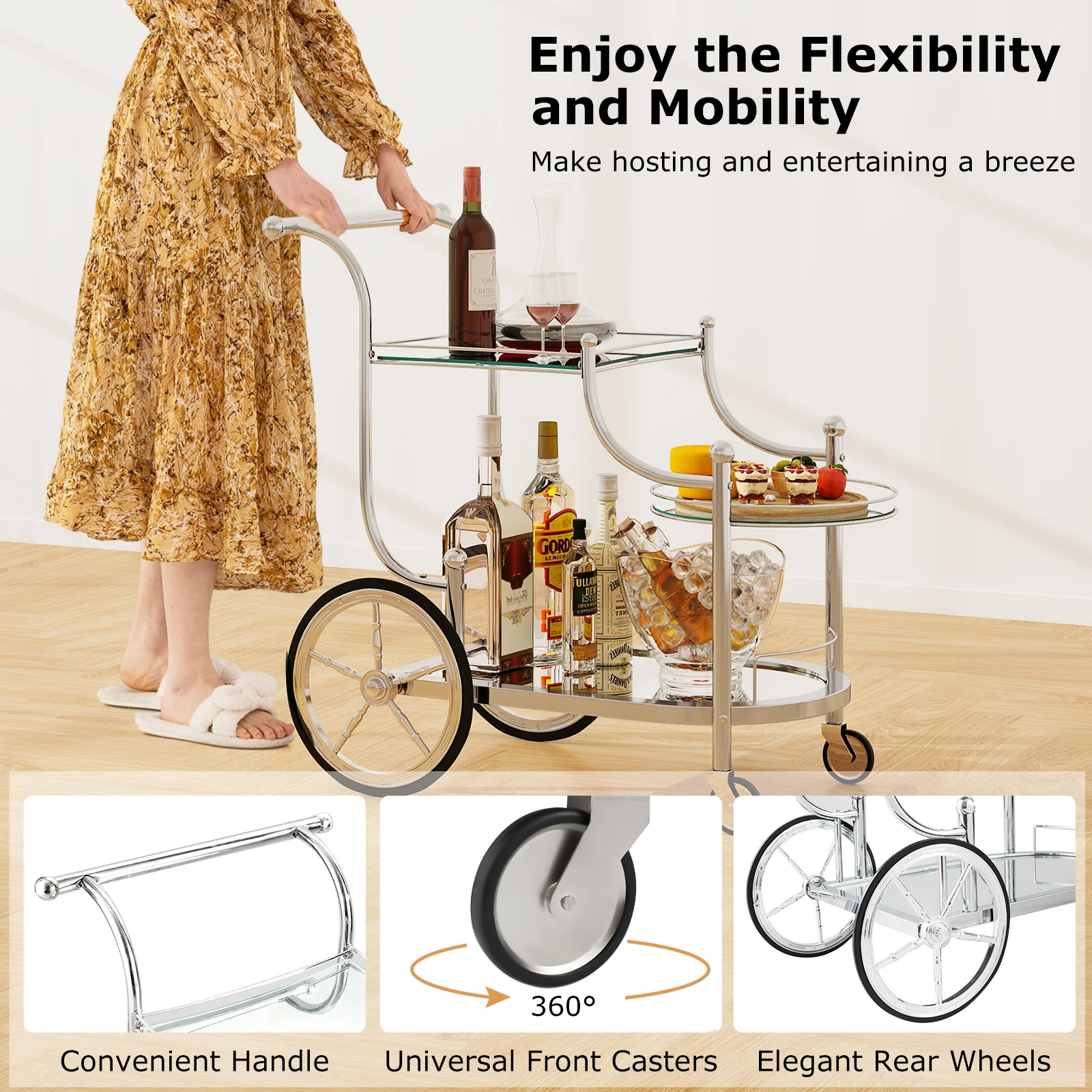 Kitchen Rolling Bar Cart, Tempered Glass, Silver - Image 9