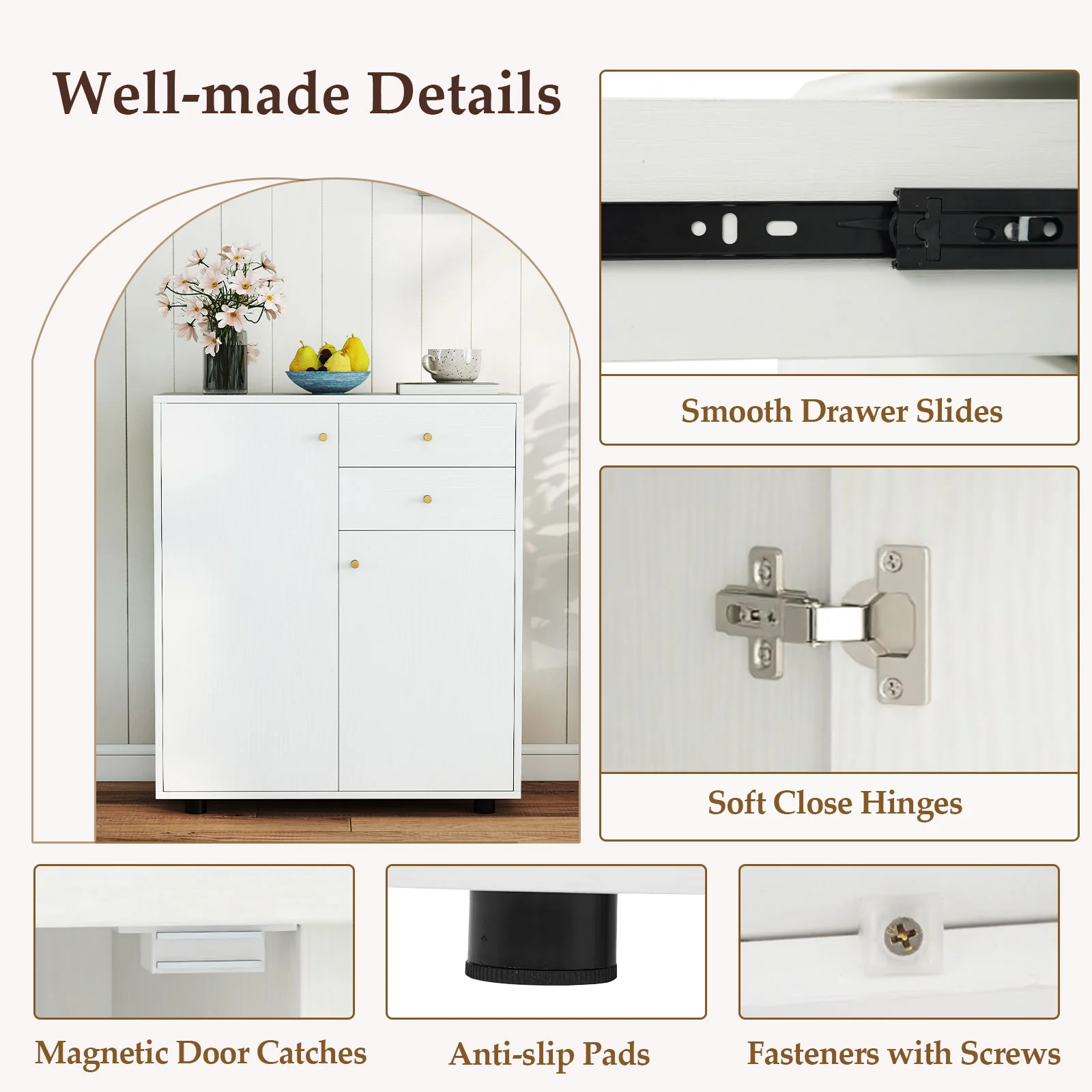 Kitchen Sideboard Buffet Cabinet Coffee Bar Cabinet with 2 Drawers 2 Doors and 3 Adjustable Shelves, White - Image 10