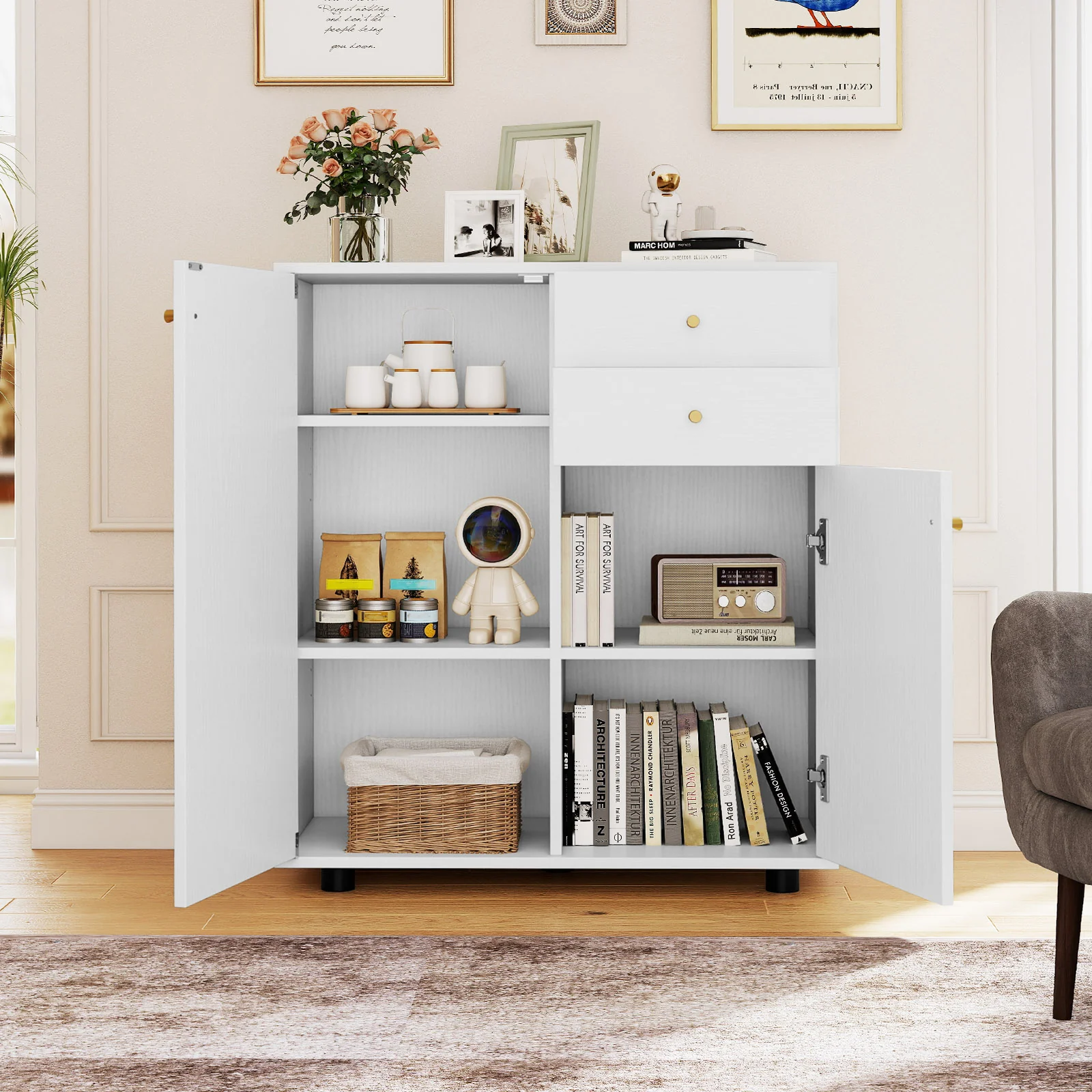 Kitchen Sideboard Buffet Cabinet Coffee Bar Cabinet with 2 Drawers 2 Doors and 3 Adjustable Shelves, White - Image 2