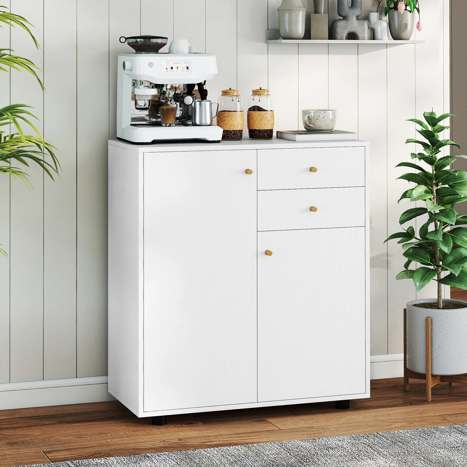 Kitchen Sideboard Buffet Cabinet Coffee Bar Cabinet with 2 Drawers 2 Doors and 3 Adjustable Shelves, White - Image 3
