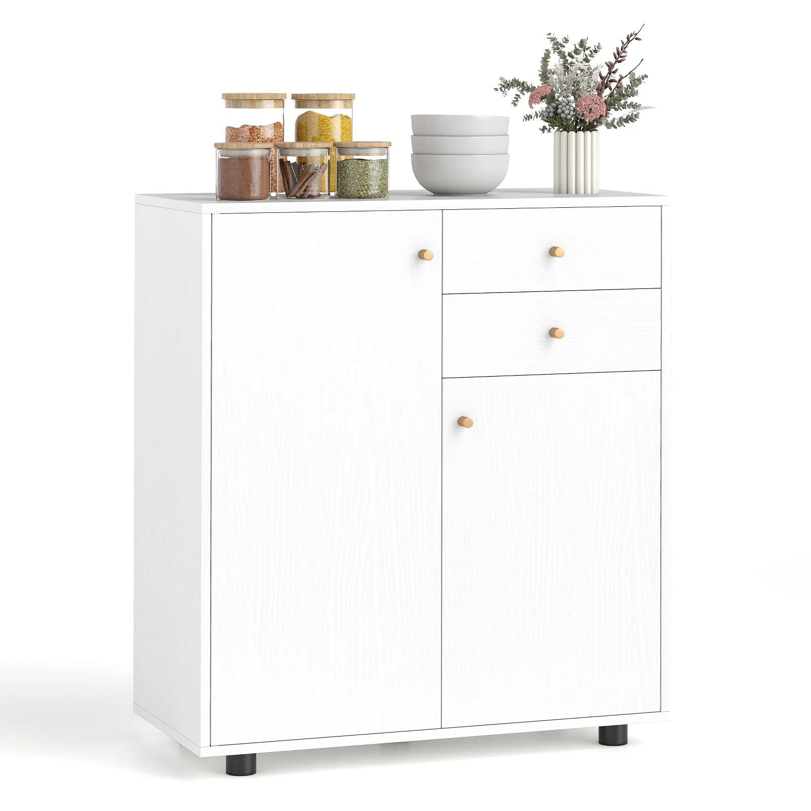 Kitchen Sideboard Buffet Cabinet Coffee Bar Cabinet with 2 Drawers 2 Doors and 3 Adjustable Shelves, White - Image 4