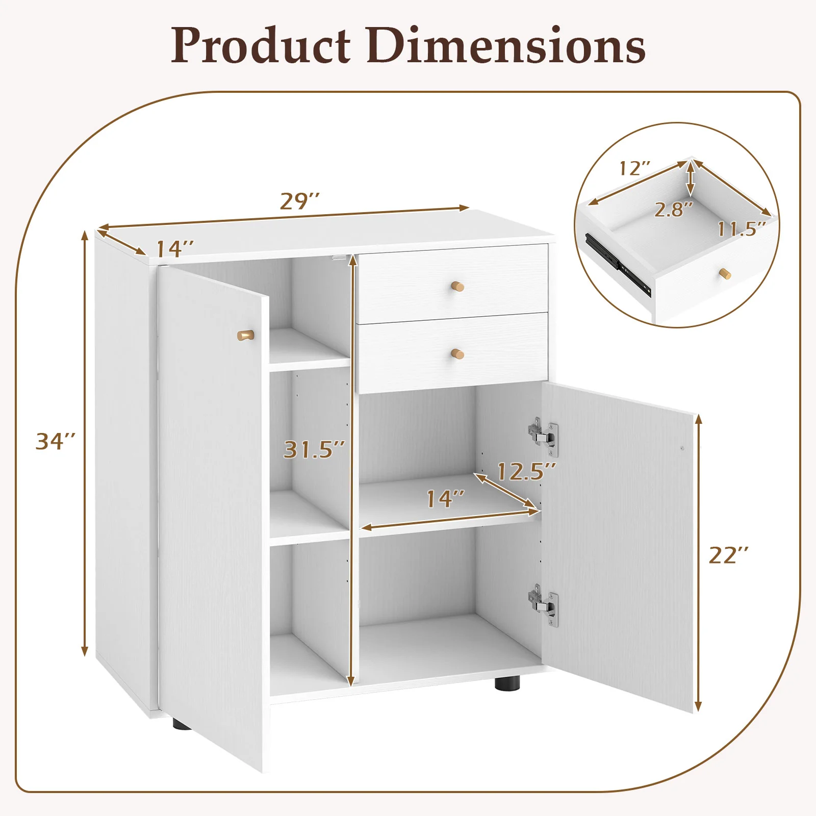 Kitchen Sideboard Buffet Cabinet Coffee Bar Cabinet with 2 Drawers 2 Doors and 3 Adjustable Shelves, White - Image 6