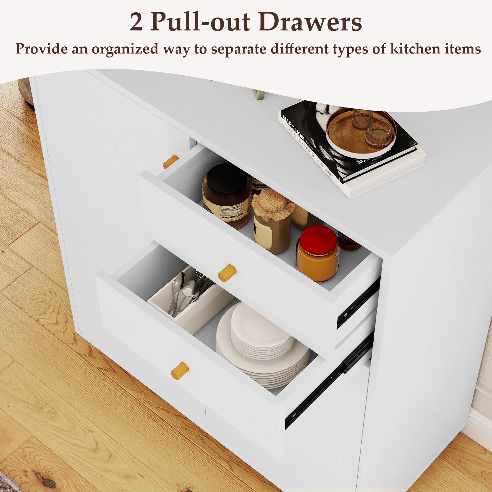 Kitchen Sideboard Buffet Cabinet Coffee Bar Cabinet with 2 Drawers 2 Doors and 3 Adjustable Shelves, White - Image 8