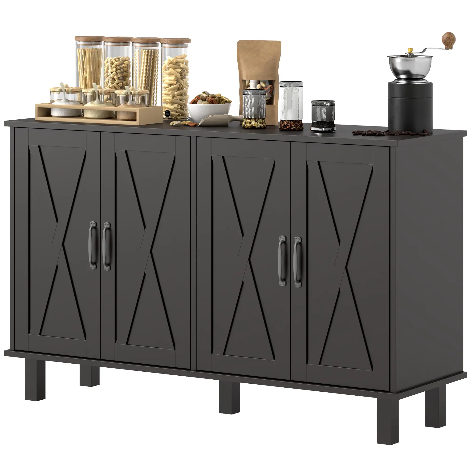 Kitchen Sideboard Cabinet, 4 Barn Doors, 2 Adjustable Shelves, Black - Image 11
