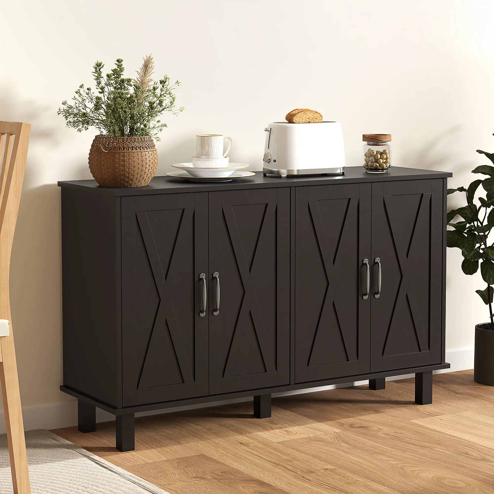 Kitchen Sideboard Cabinet, 4 Barn Doors, 2 Adjustable Shelves, Black - Image 2
