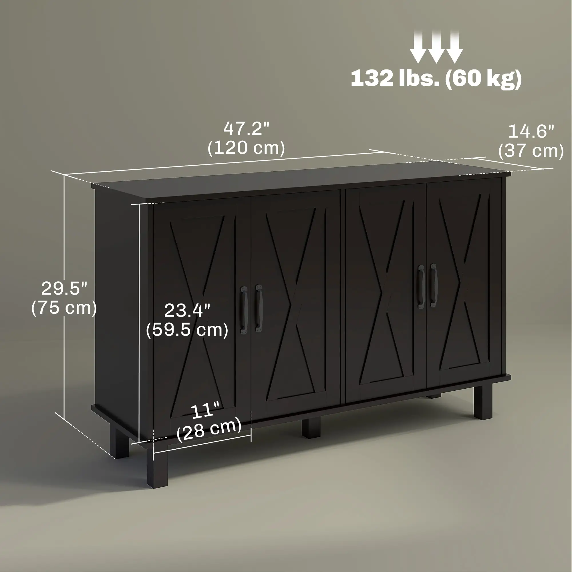 Kitchen Sideboard Cabinet, 4 Barn Doors, 2 Adjustable Shelves, Black - Image 3