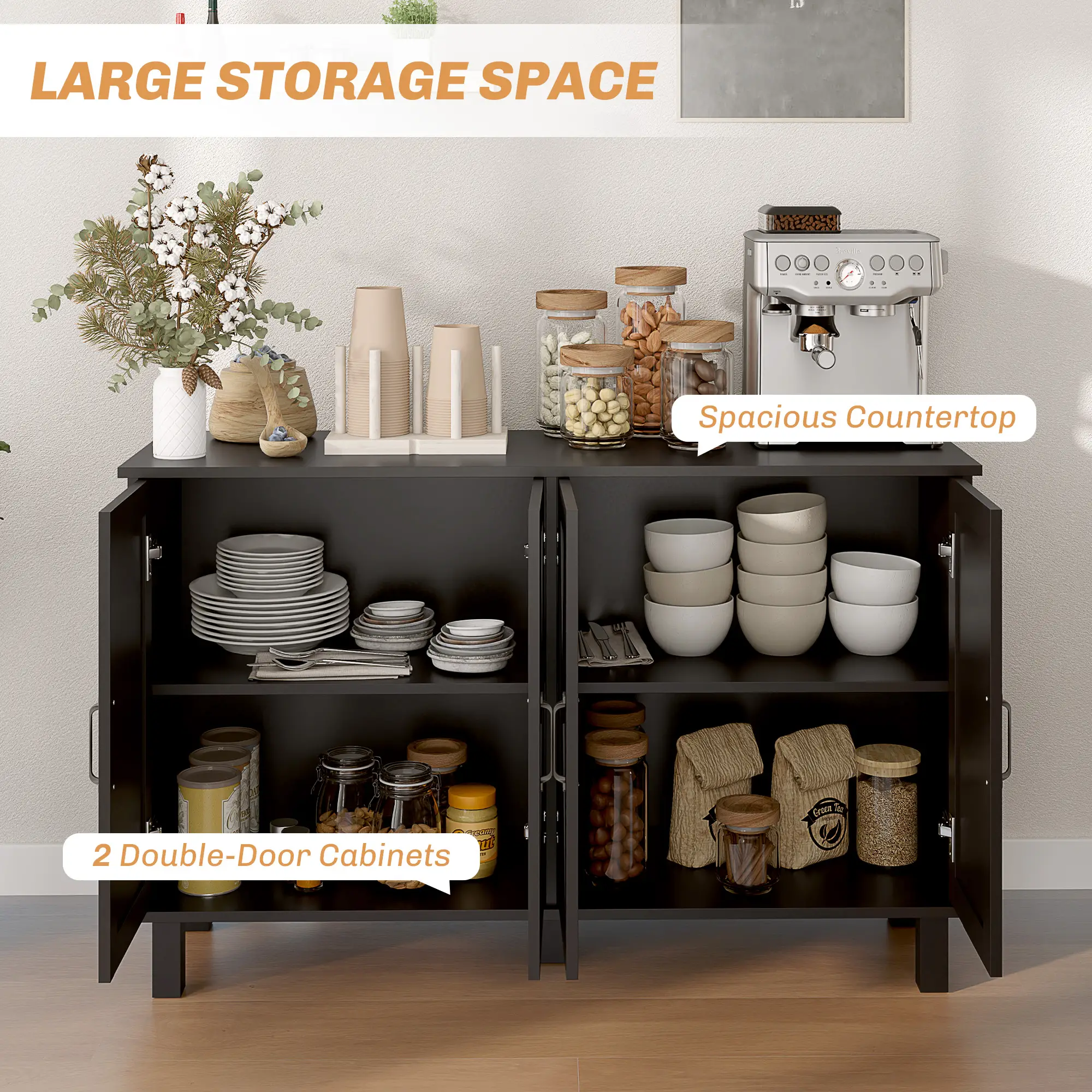 Kitchen Sideboard Cabinet, 4 Barn Doors, 2 Adjustable Shelves, Black - Image 4