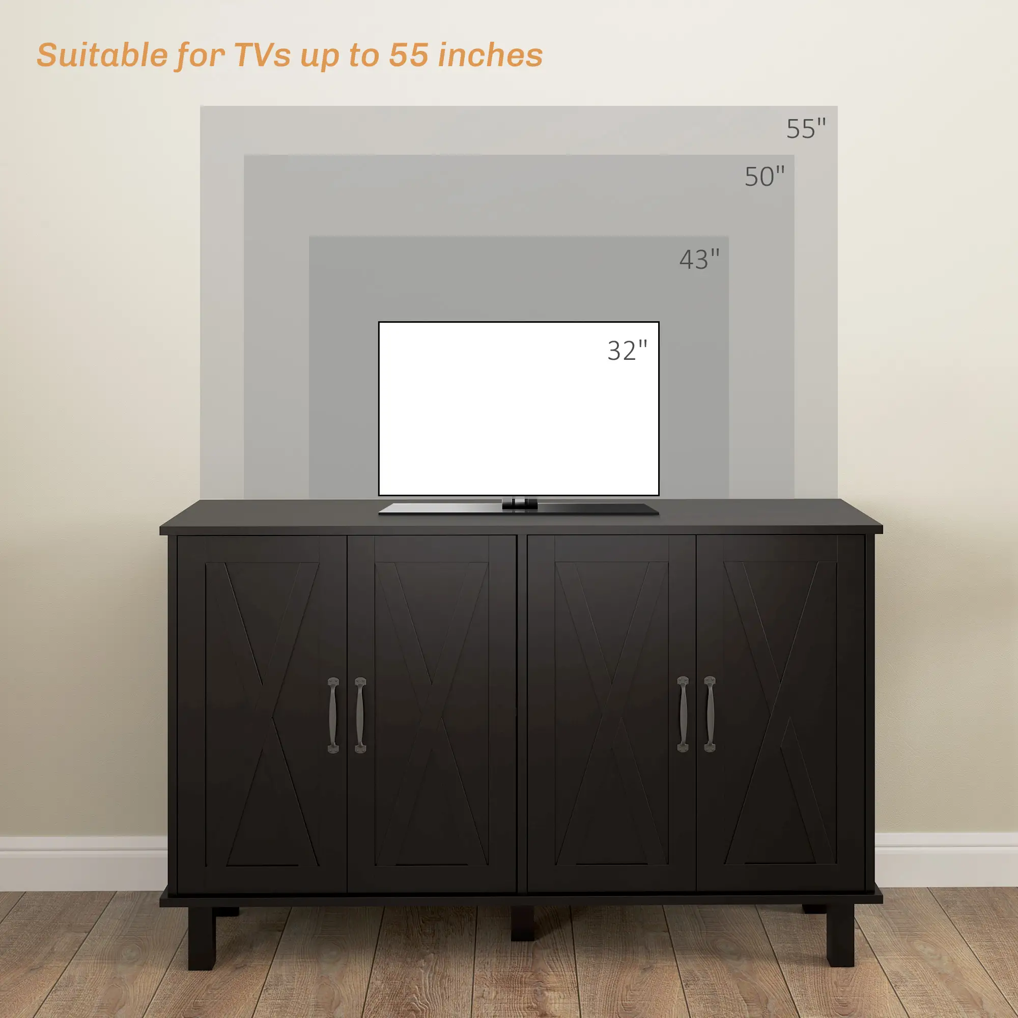 Kitchen Sideboard Cabinet, 4 Barn Doors, 2 Adjustable Shelves, Black - Image 6