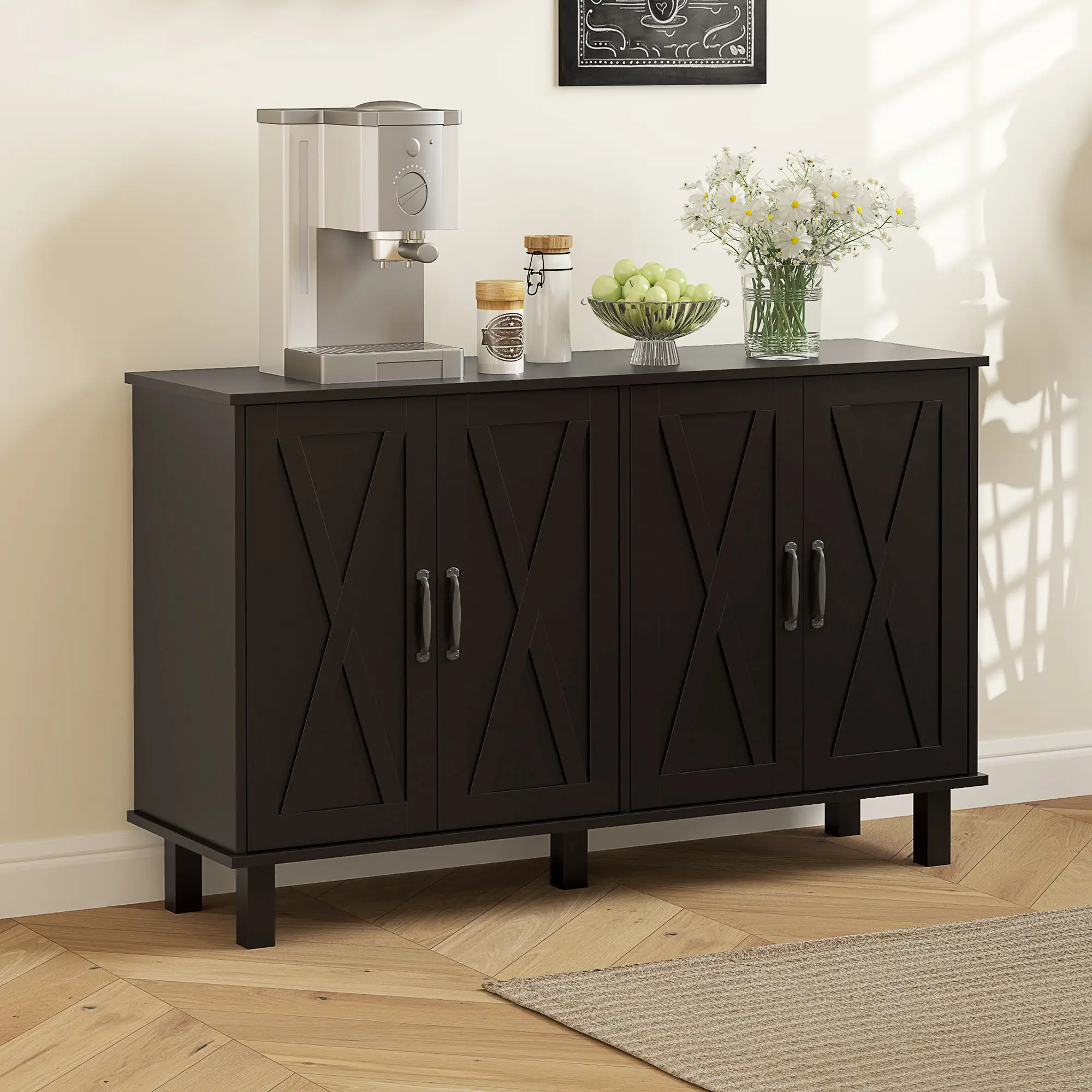 Kitchen Sideboard Cabinet, 4 Barn Doors, 2 Adjustable Shelves, Black - Image 8