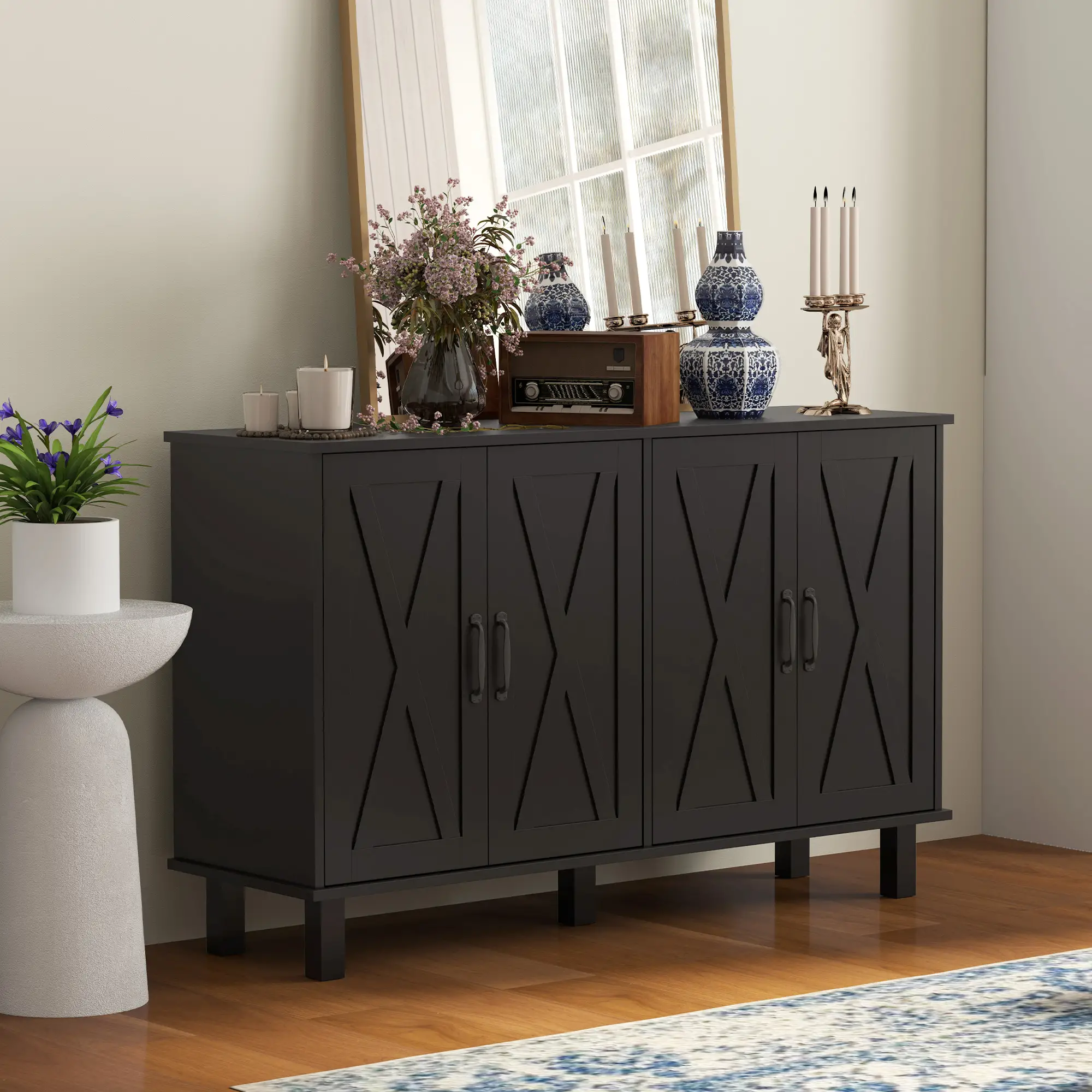 Kitchen Sideboard Cabinet, 4 Barn Doors, 2 Adjustable Shelves, Black - Image 9