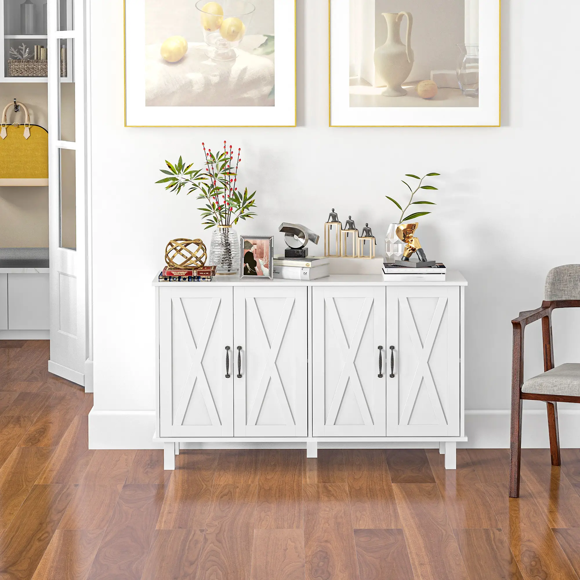 Kitchen Sideboard Cabinet, 4 Barn Doors, 2 Adjustable Shelves, White - Image 10