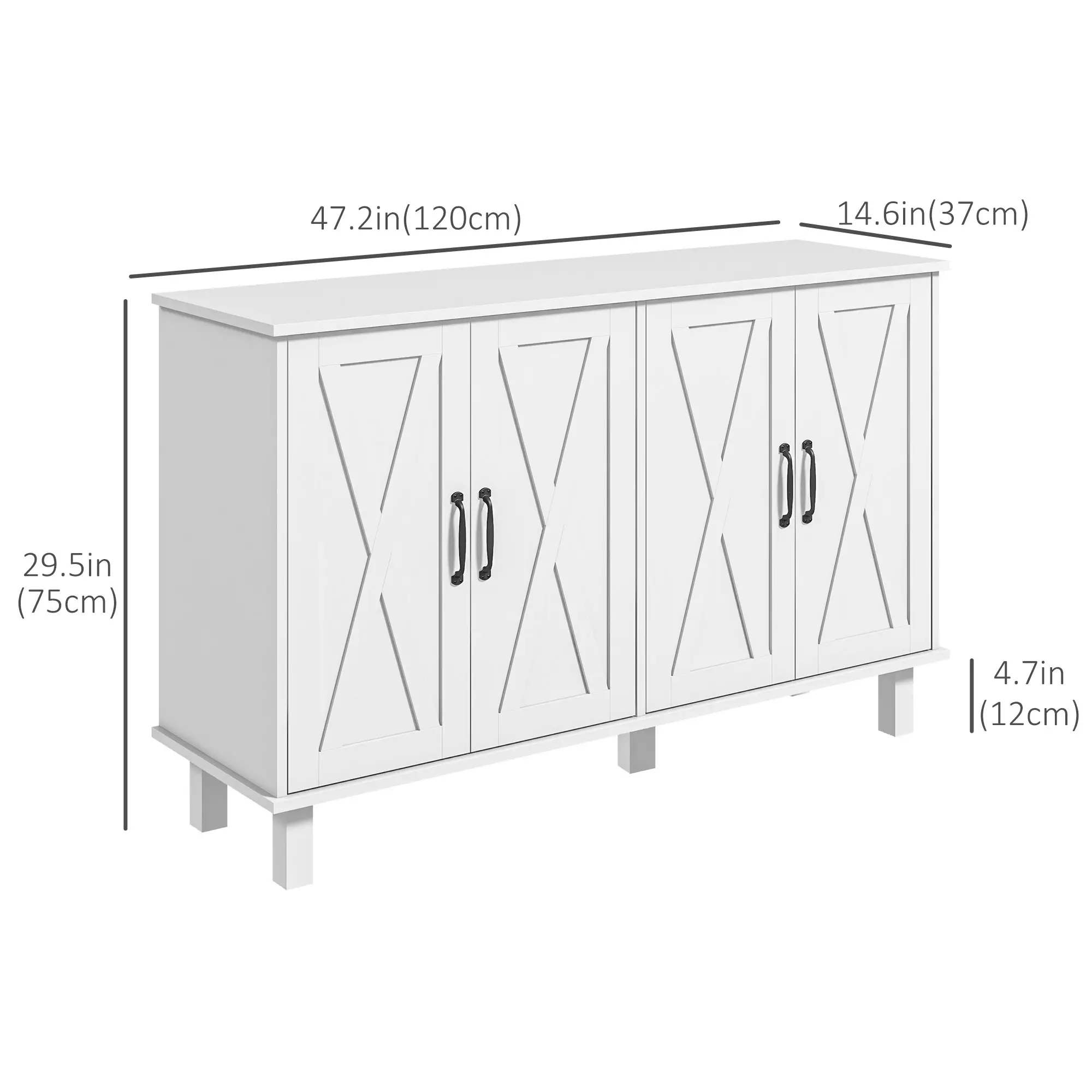 Kitchen Sideboard Cabinet, 4 Barn Doors, 2 Adjustable Shelves, White - Image 3