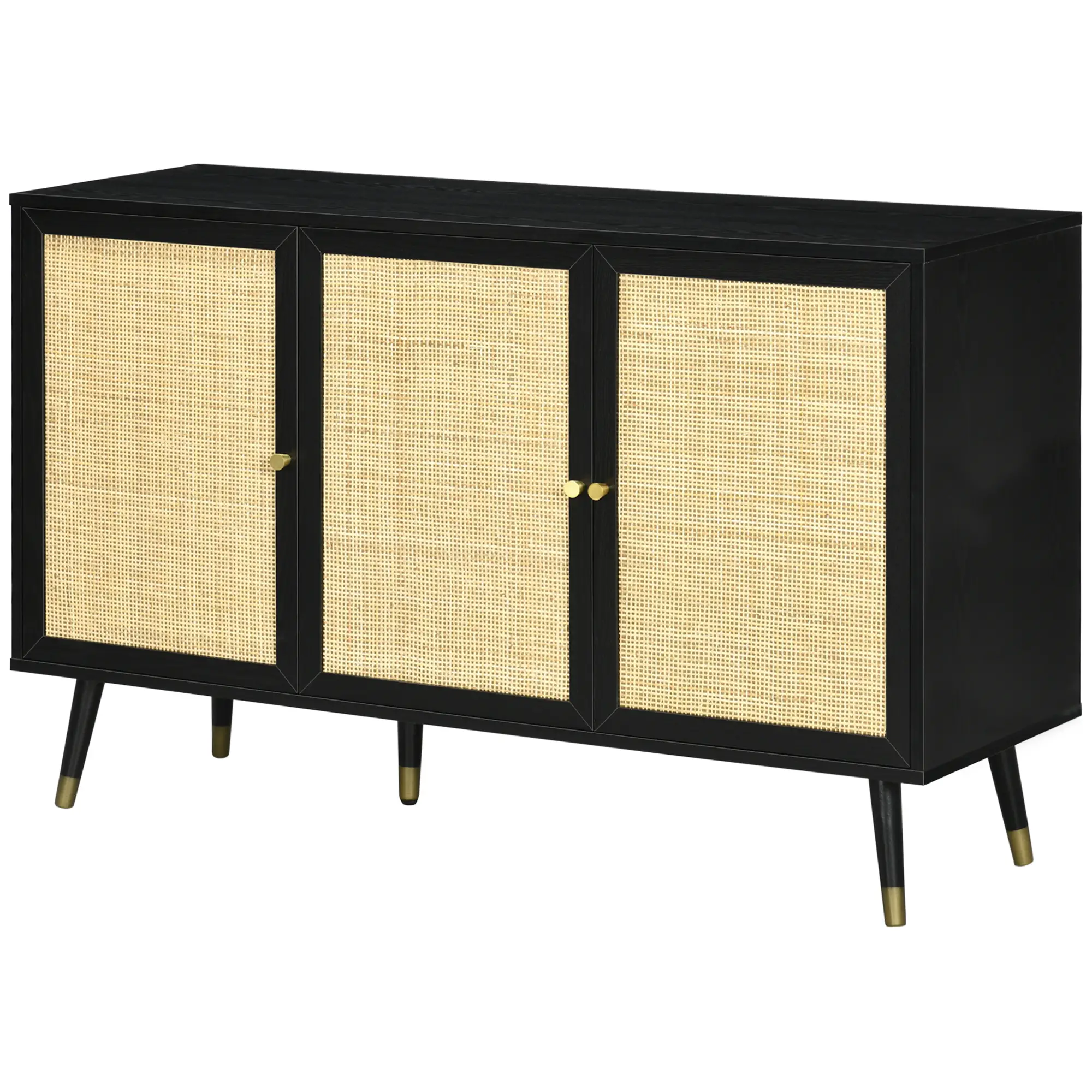 Kitchen Sideboard Cabinet, Boho Storage With Shelves, Wood Legs, Rattan Doors, Black - Image 11