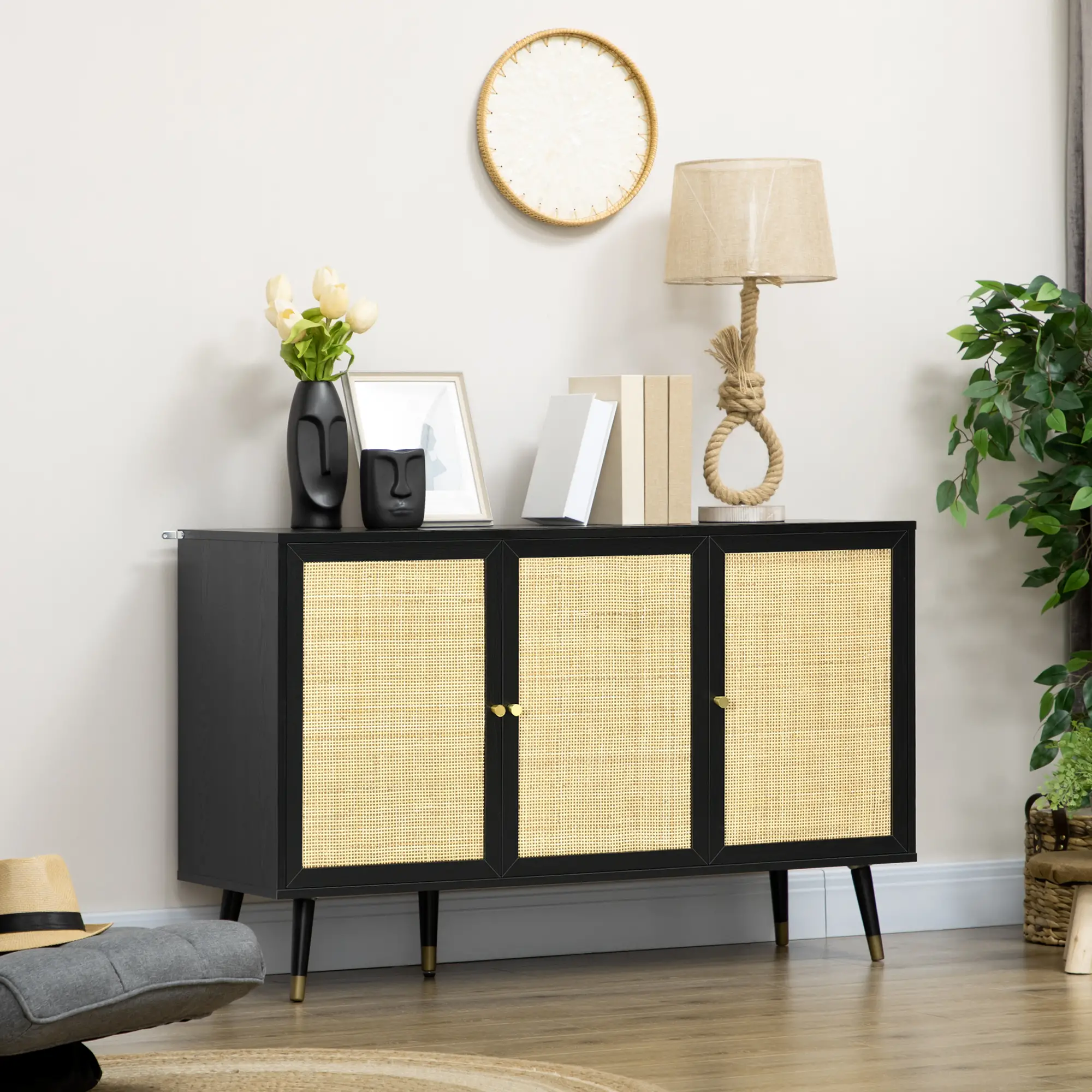Kitchen Sideboard Cabinet, Boho Storage With Shelves, Wood Legs, Rattan Doors, Black - Image 2