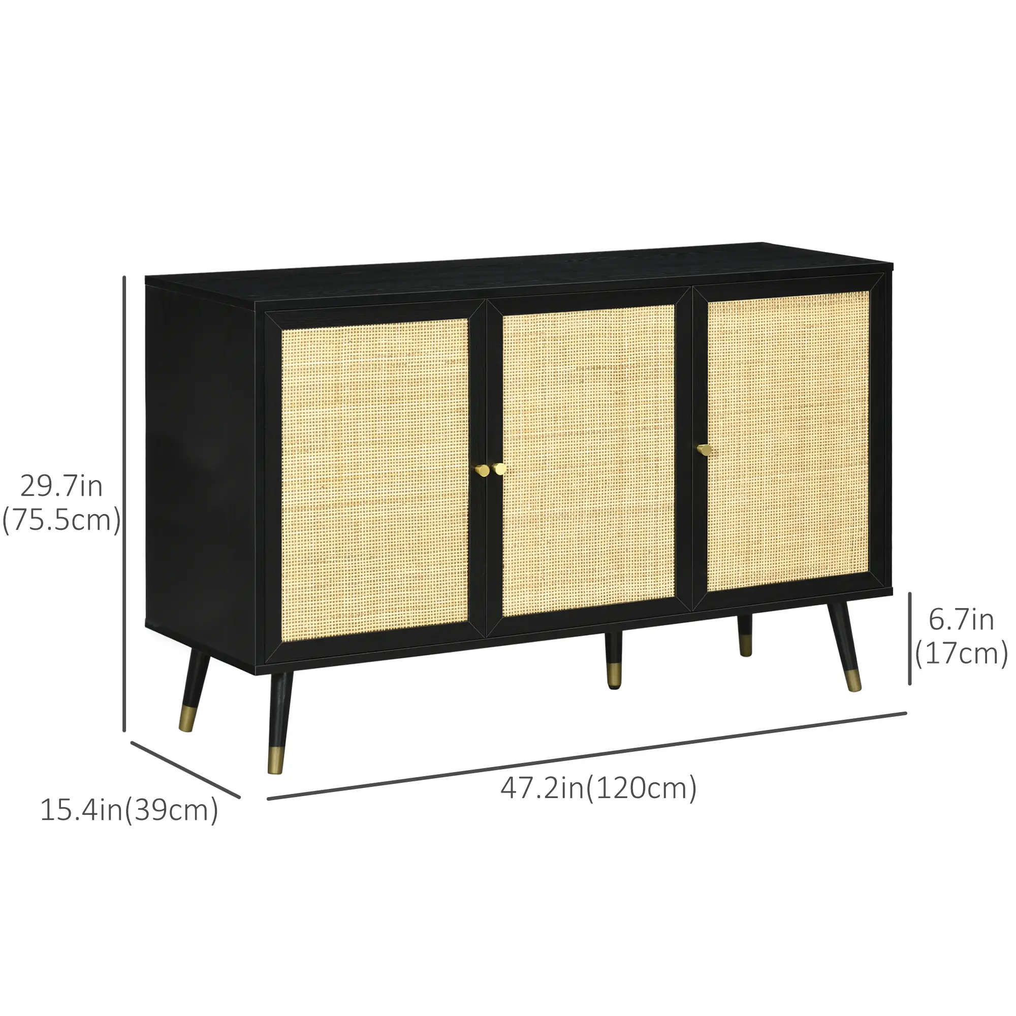 Kitchen Sideboard Cabinet, Boho Storage With Shelves, Wood Legs, Rattan Doors, Black - Image 3