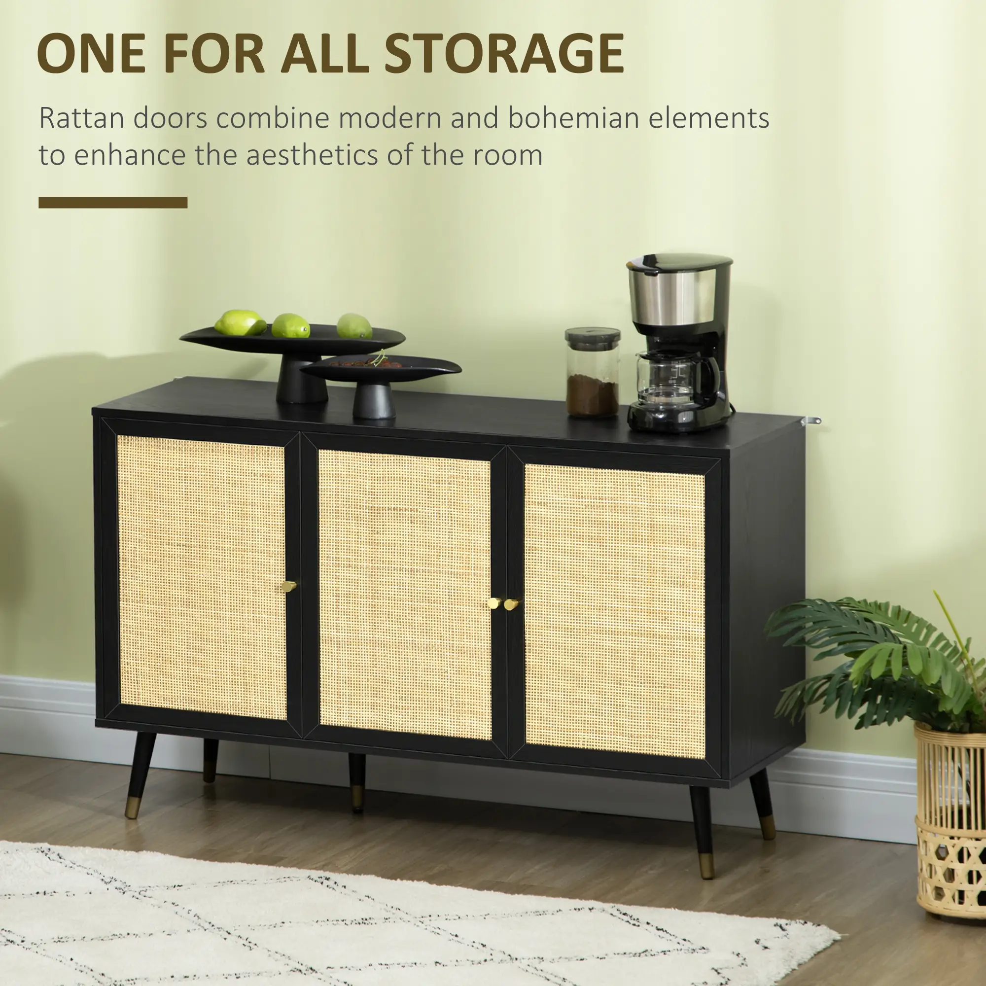 Kitchen Sideboard Cabinet, Boho Storage With Shelves, Wood Legs, Rattan Doors, Black - Image 4