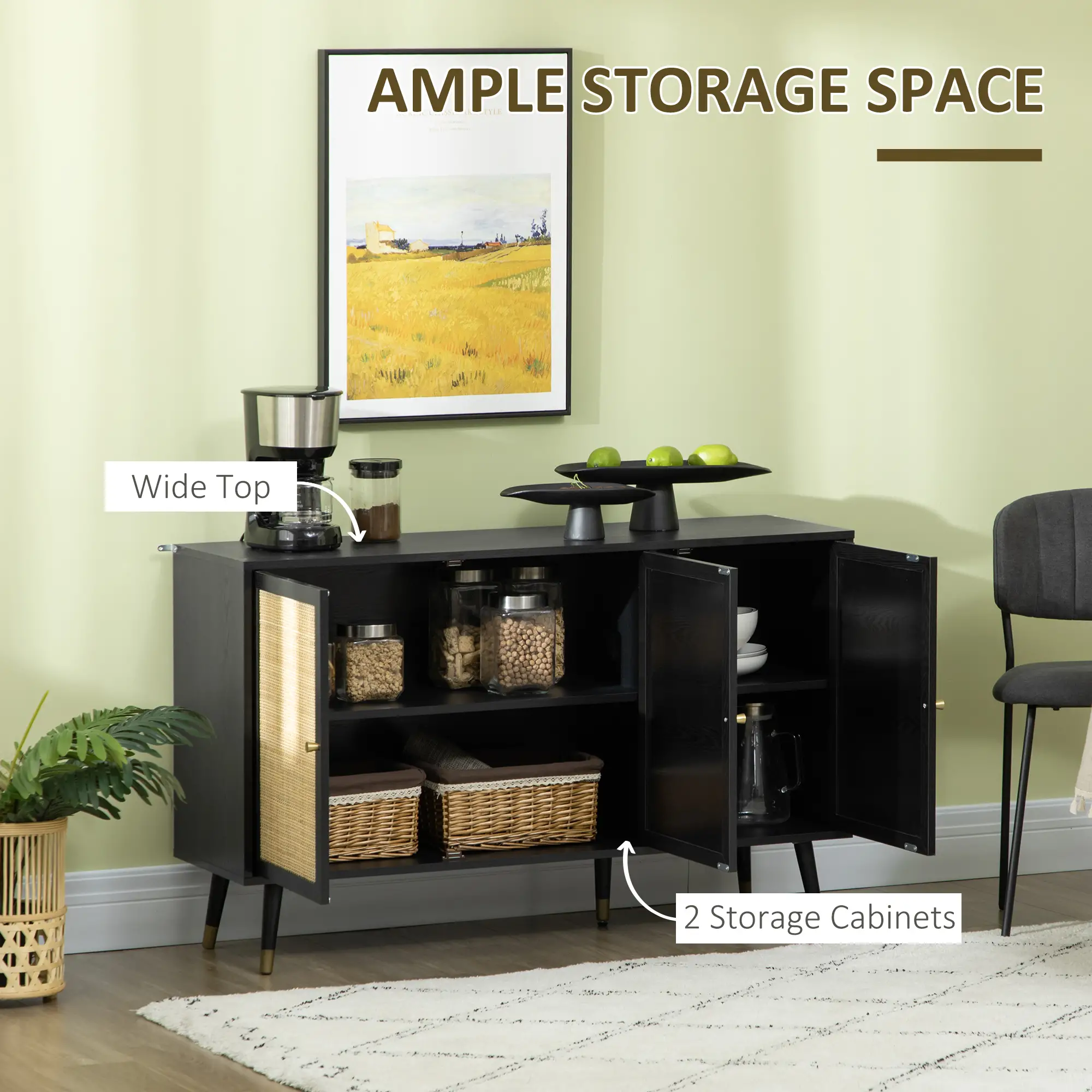 Kitchen Sideboard Cabinet, Boho Storage With Shelves, Wood Legs, Rattan Doors, Black - Image 5