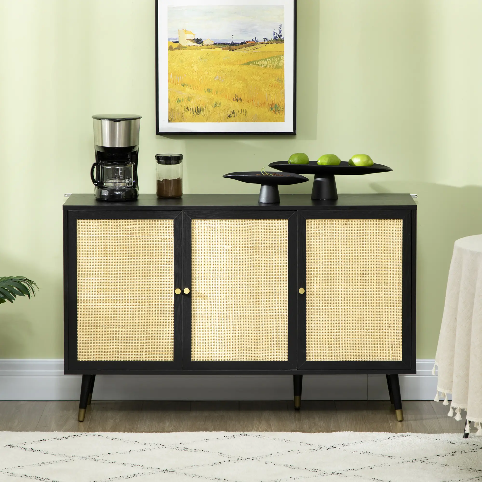Kitchen Sideboard Cabinet, Boho Storage With Shelves, Wood Legs, Rattan Doors, Black - Image 7