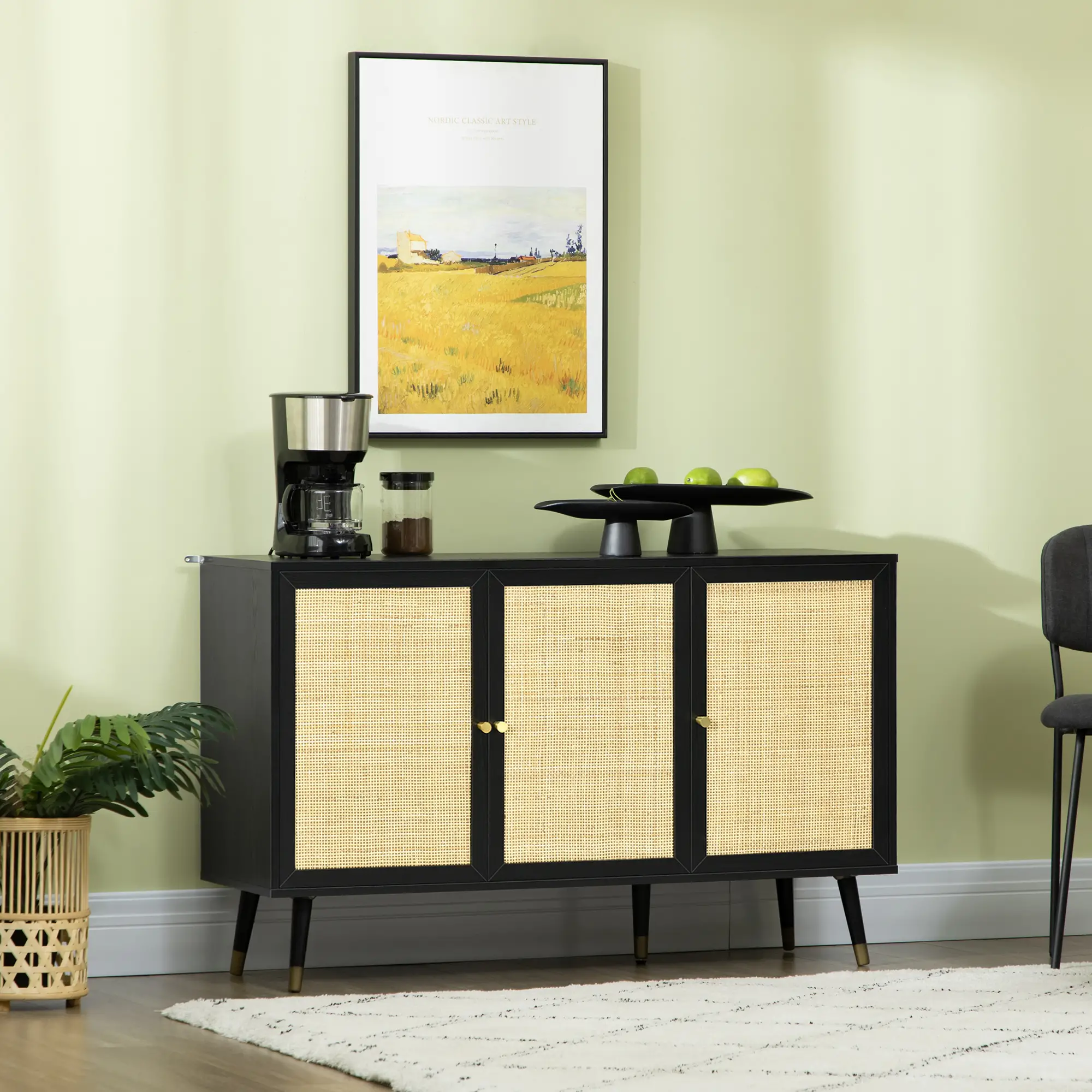 Kitchen Sideboard Cabinet, Boho Storage With Shelves, Wood Legs, Rattan Doors, Black - Image 8