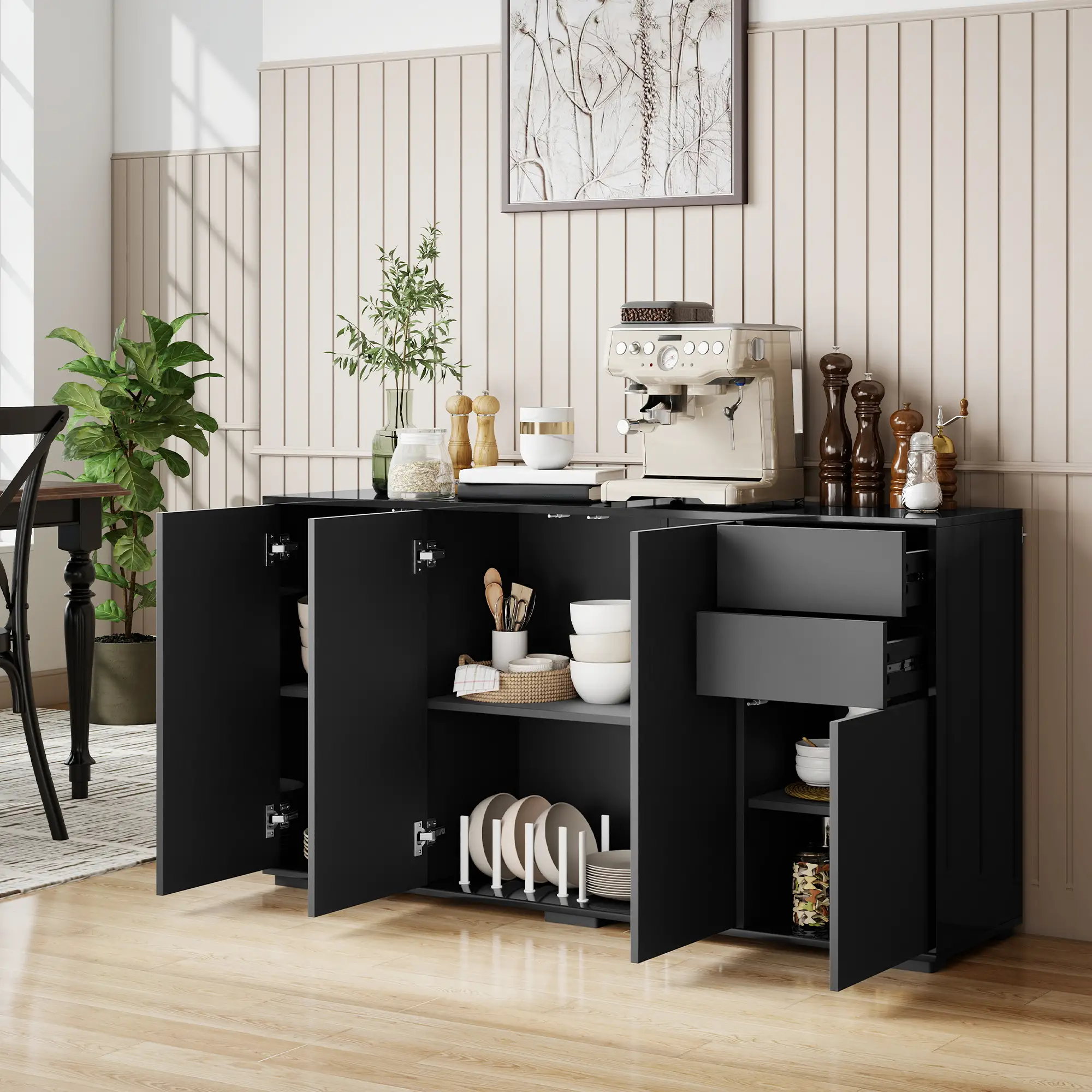 Kitchen Sideboard Storage Cabinet, Modern Coffee Bar, Black - Image 2
