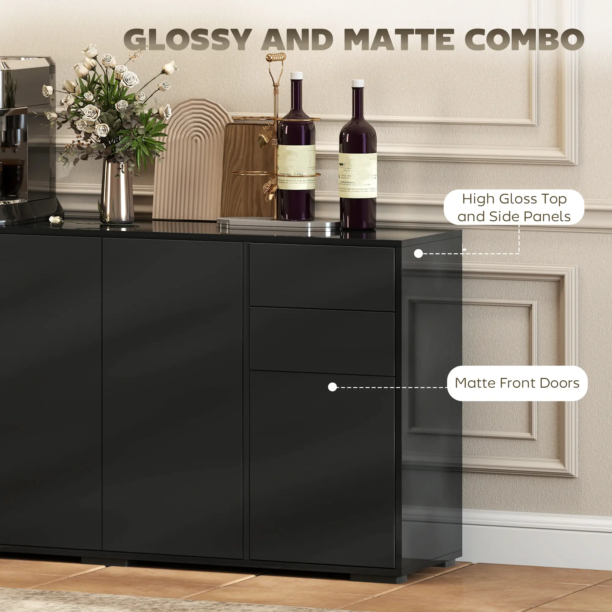 Kitchen Sideboard Storage Cabinet, Modern Coffee Bar, Black - Image 5
