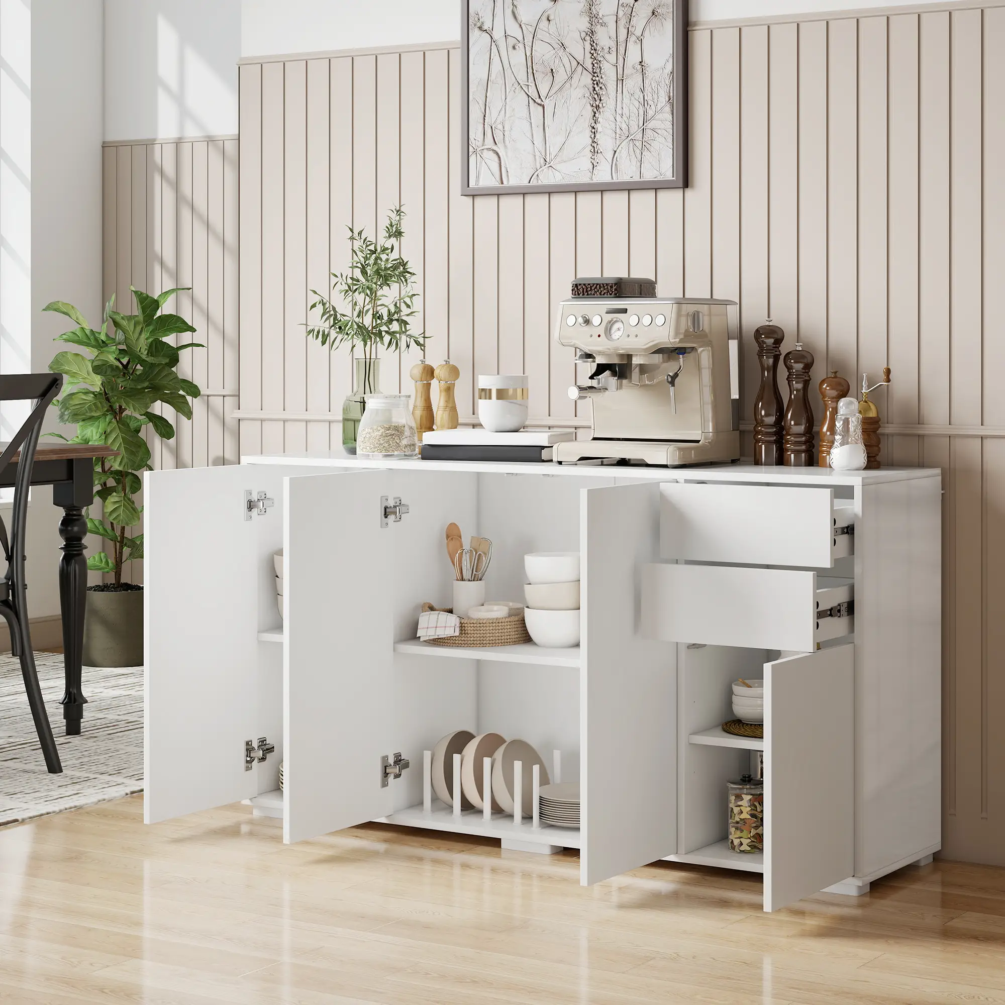 Kitchen Sideboard Storage Cabinet, Modern Coffee Bar with 2 Drawers, White - Image 2