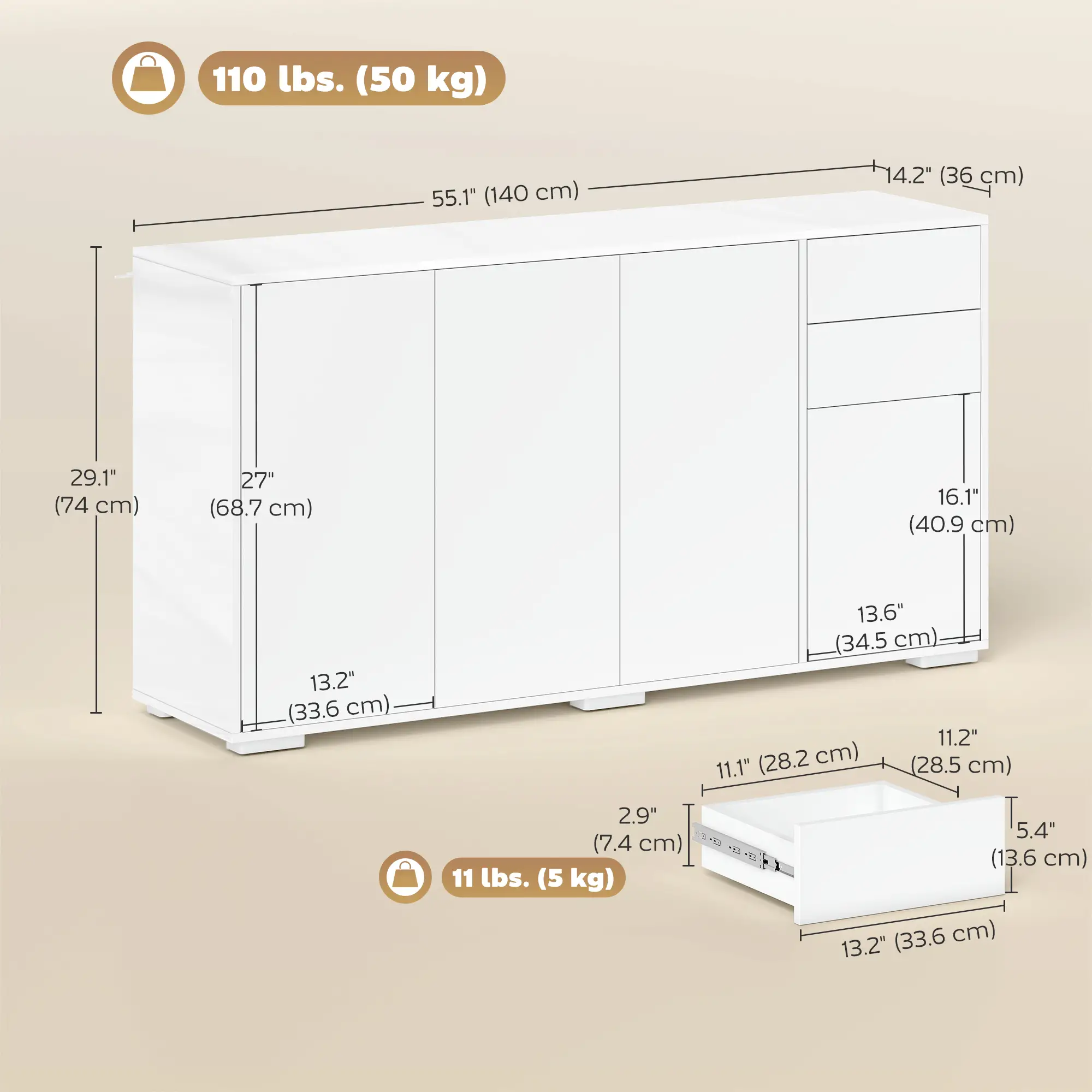 Kitchen Sideboard Storage Cabinet, Modern Coffee Bar with 2 Drawers, White - Image 3