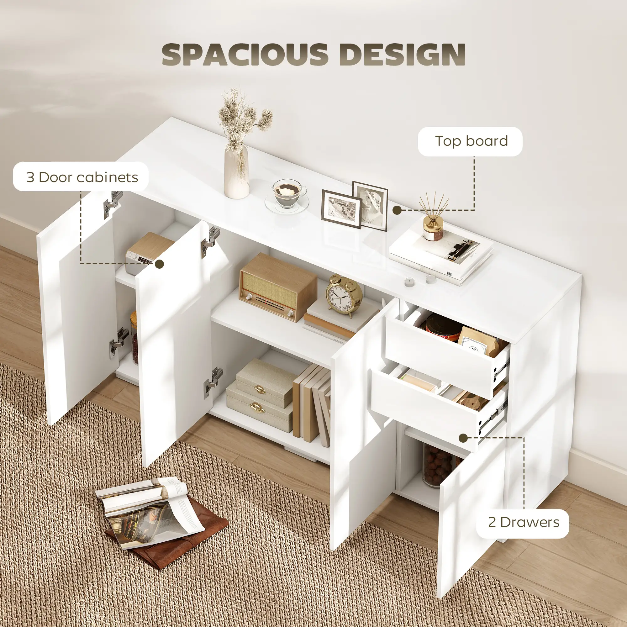 Kitchen Sideboard Storage Cabinet, Modern Coffee Bar with 2 Drawers, White - Image 4
