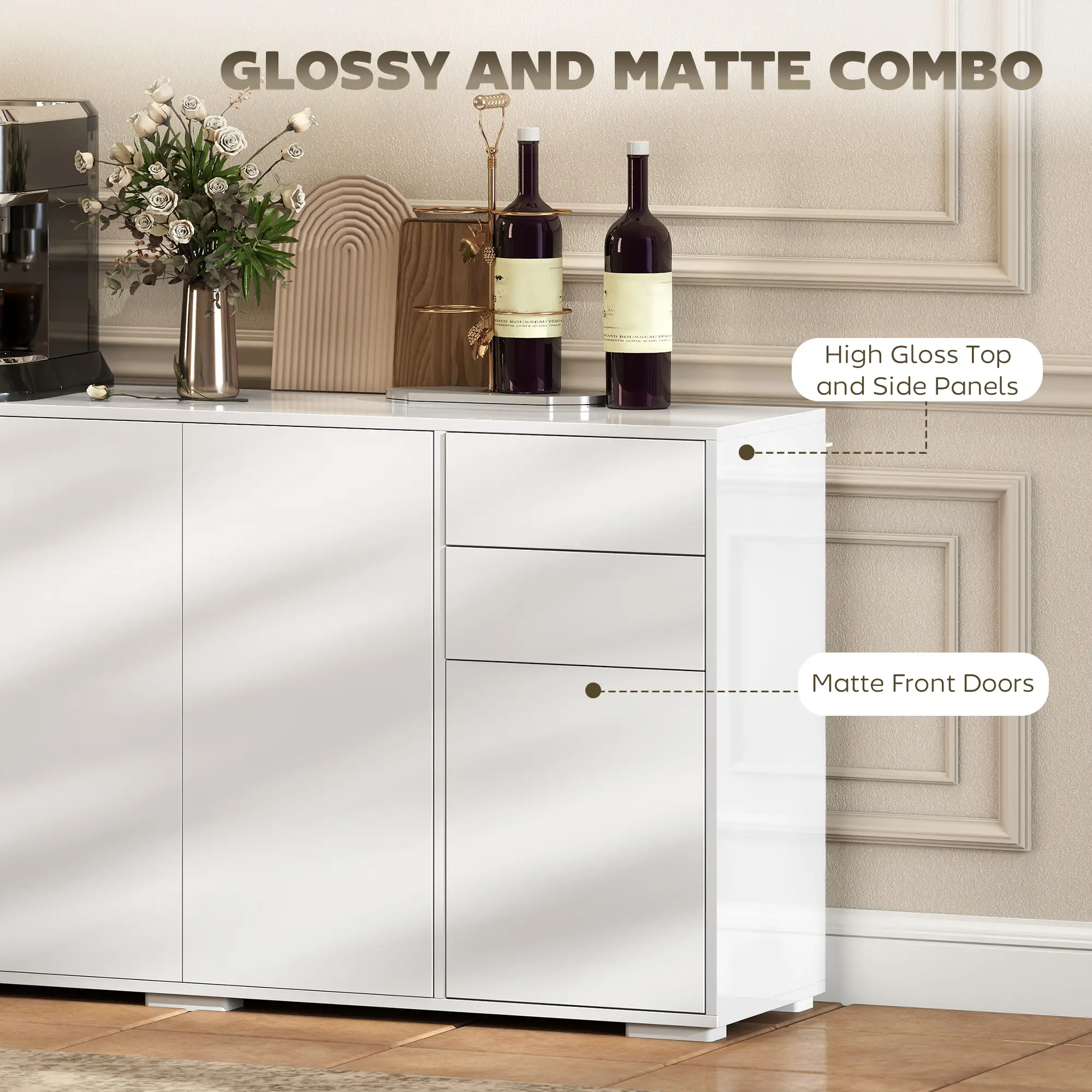 Kitchen Sideboard Storage Cabinet, Modern Coffee Bar with 2 Drawers, White - Image 5