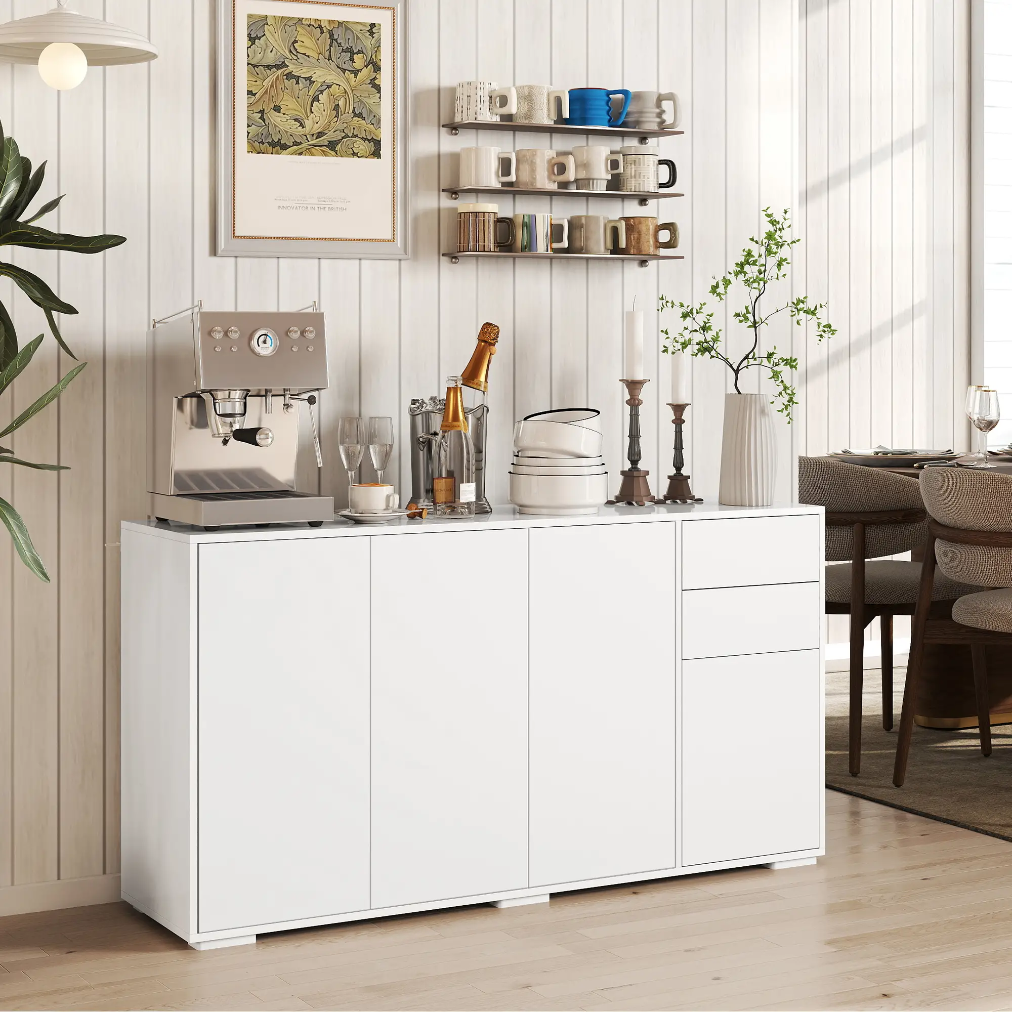 Kitchen Sideboard Storage Cabinet, Modern Coffee Bar with 2 Drawers, White - Image 8