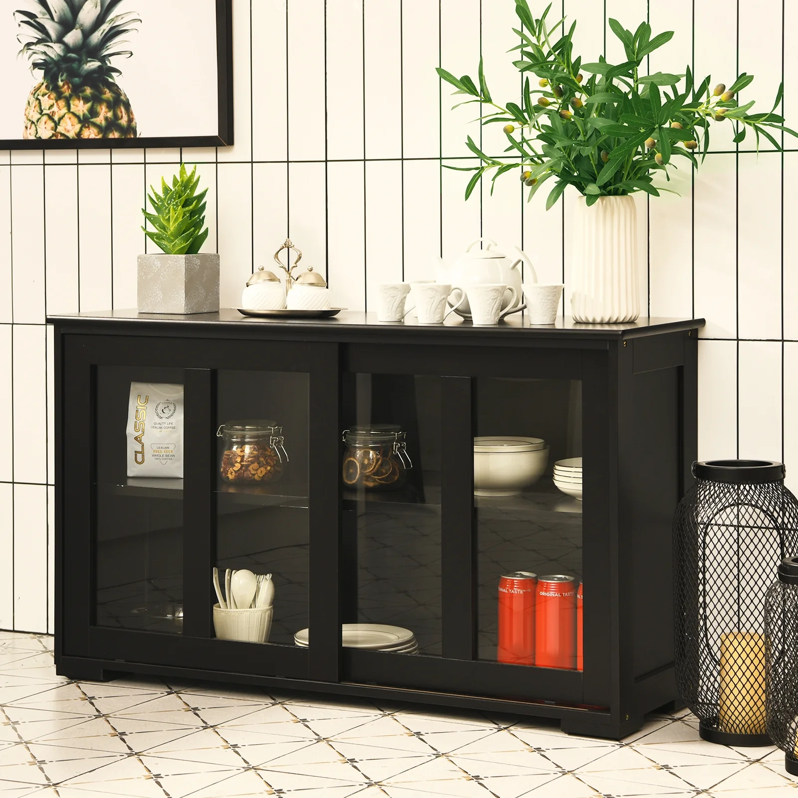 Kitchen Storage Cabinet With Glass Sliding Door, Black - Image 2