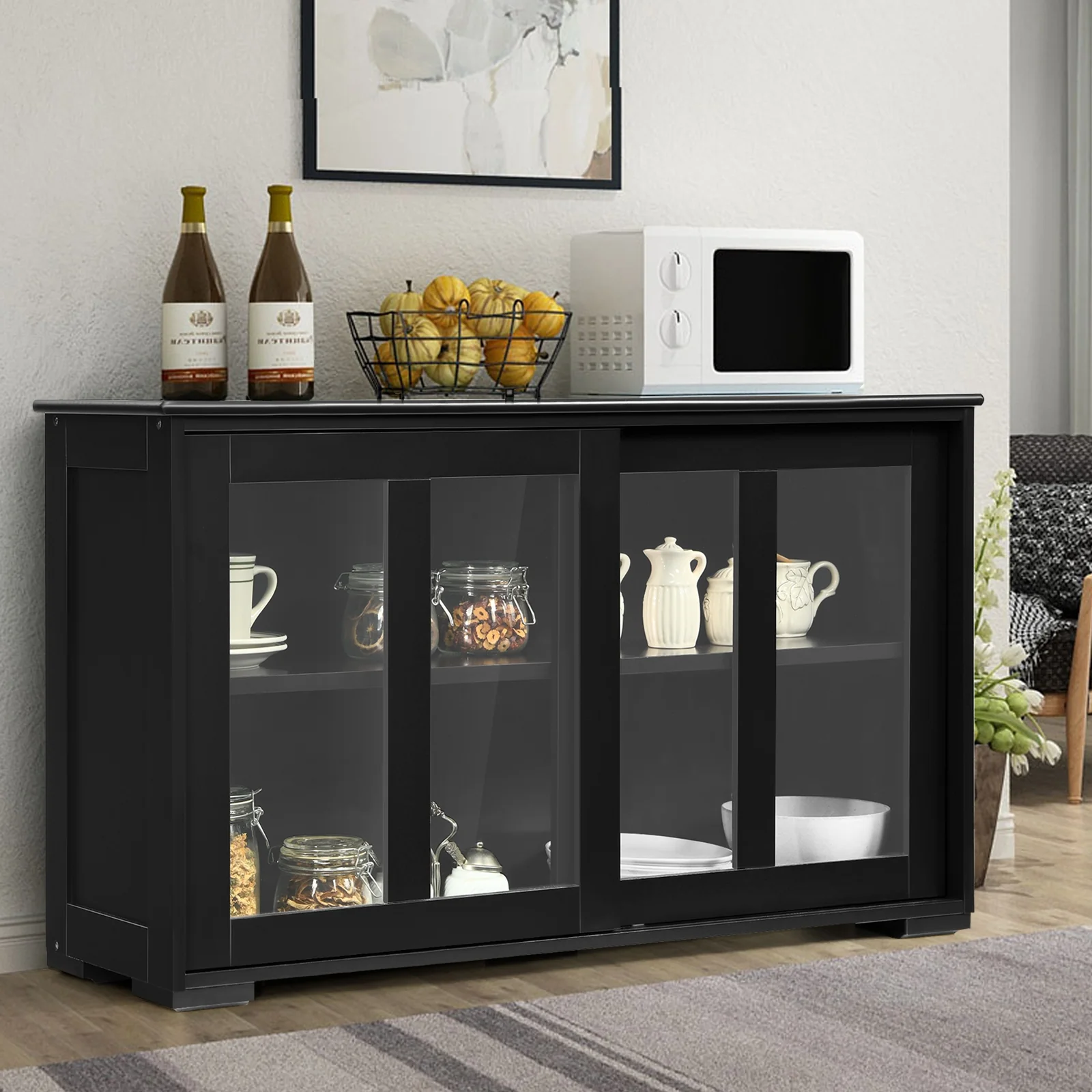 Kitchen Storage Cabinet With Glass Sliding Door, Black - Image 3