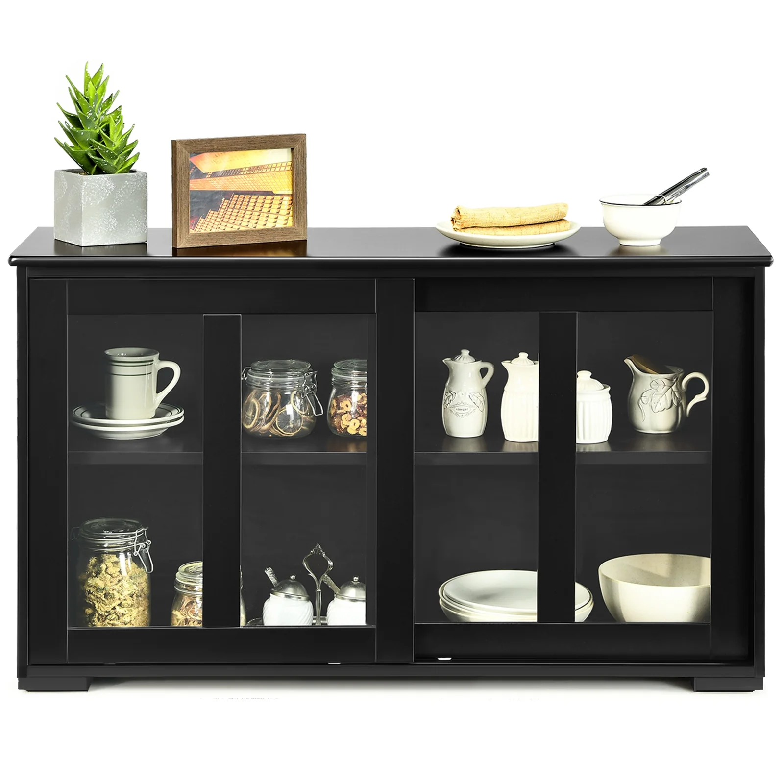 Kitchen Storage Cabinet With Glass Sliding Door, Black - Image 5