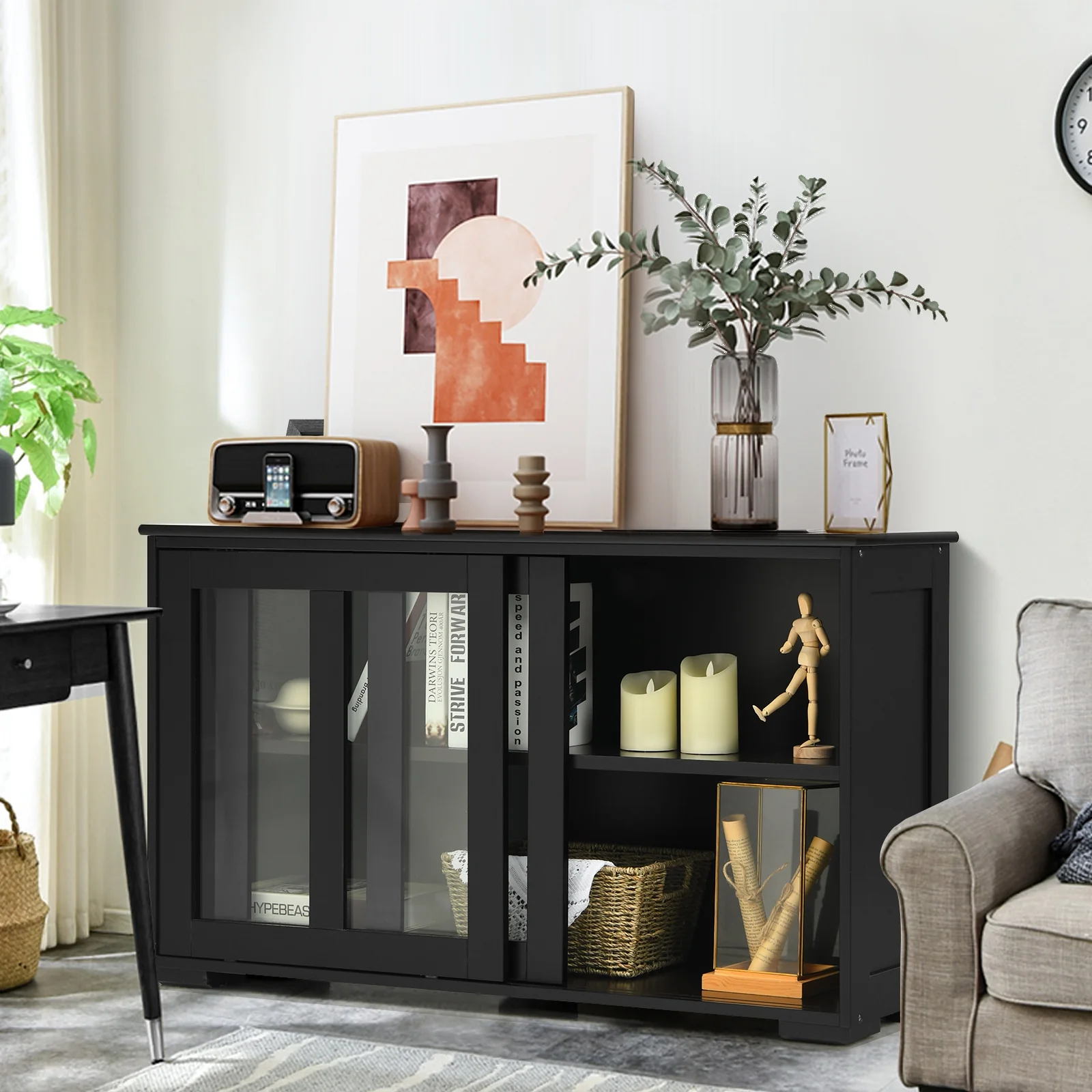 Kitchen Storage Cabinet With Glass Sliding Door, Black - Image 7