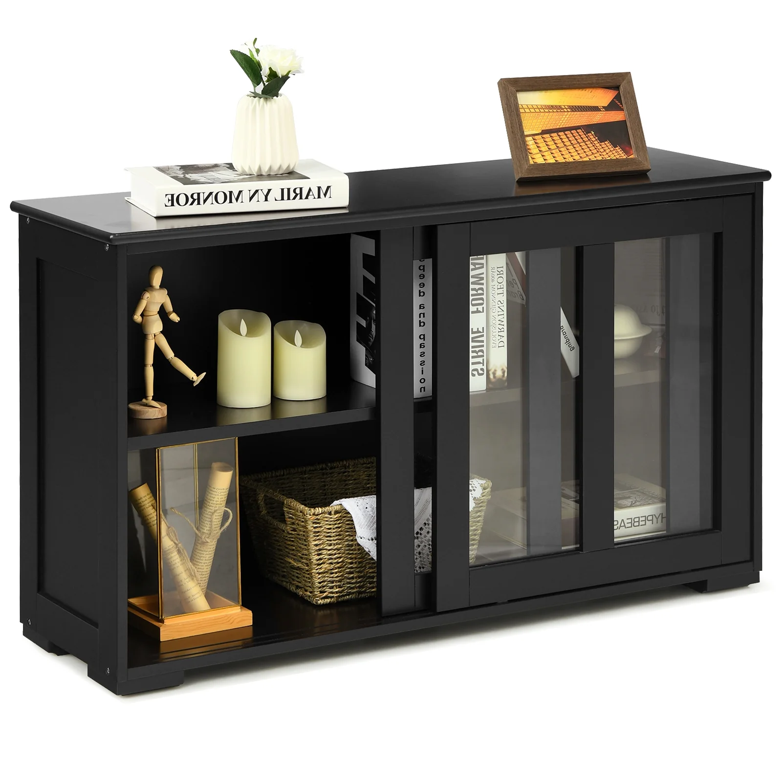 Kitchen Storage Cabinet With Glass Sliding Door, Black - Image 9