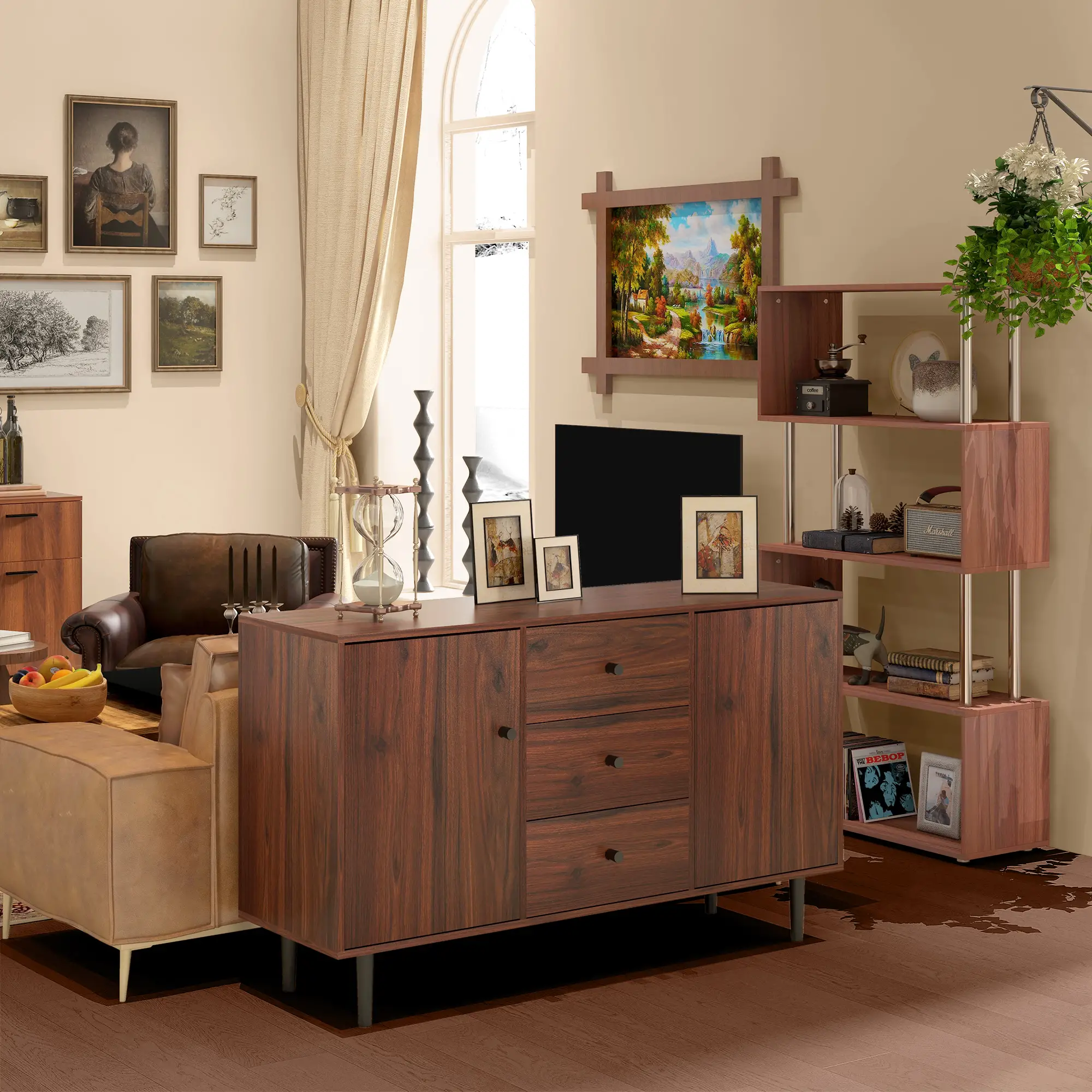 Kitchen Storage Sideboard, 2 Doors, 3 Drawers, Adjustable Shelves, Brown - Image 2