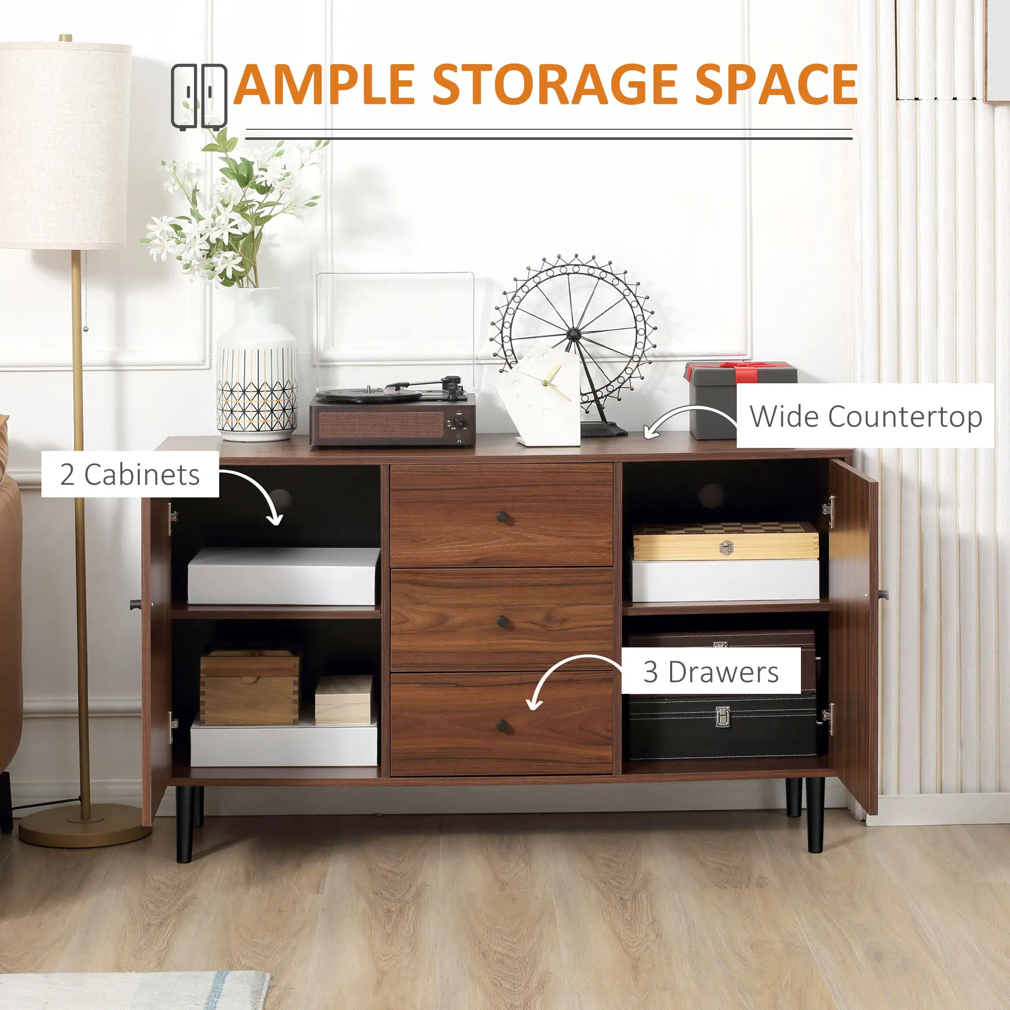 Kitchen Storage Sideboard, 2 Doors, 3 Drawers, Adjustable Shelves, Brown - Image 5