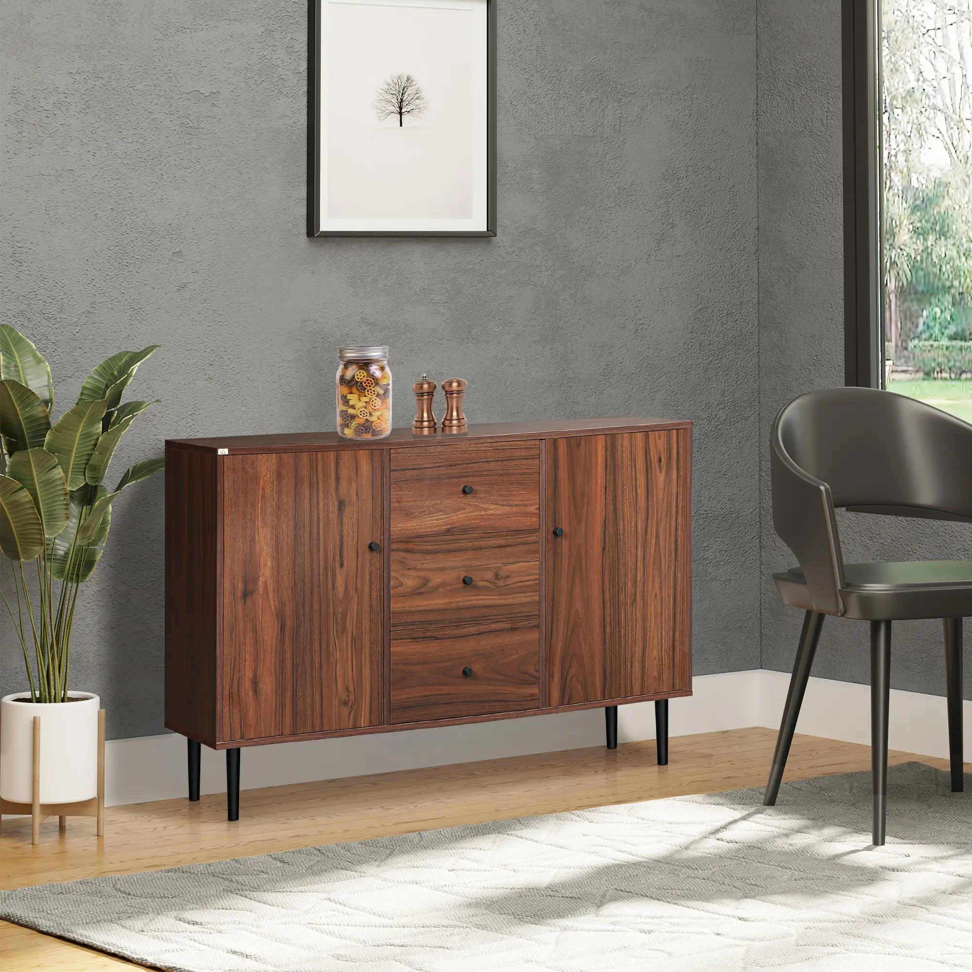 Kitchen Storage Sideboard, 2 Doors, 3 Drawers, Adjustable Shelves, Brown - Image 8