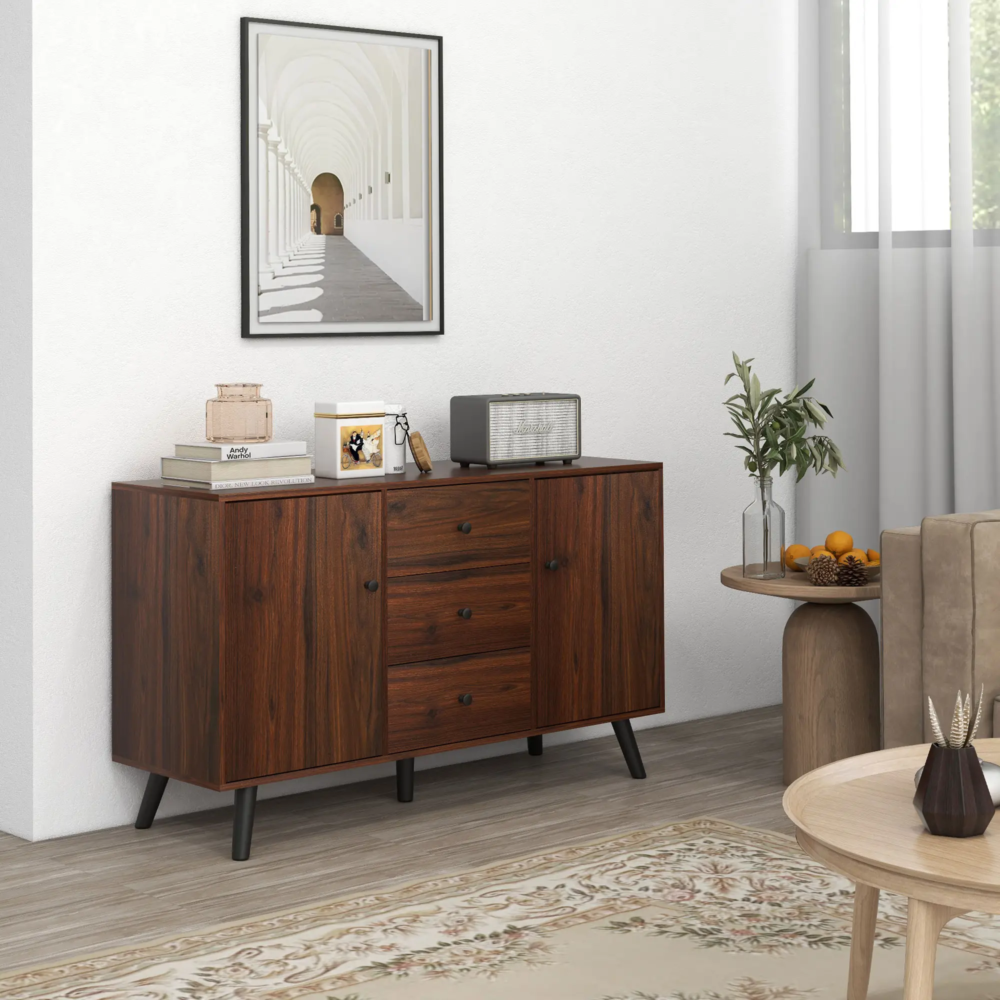 Kitchen Storage Sideboard, Buffet Cabinet, 2 Cupboard, 3 Drawers, Adjustable Shelves, Rustic Brown - Image 11