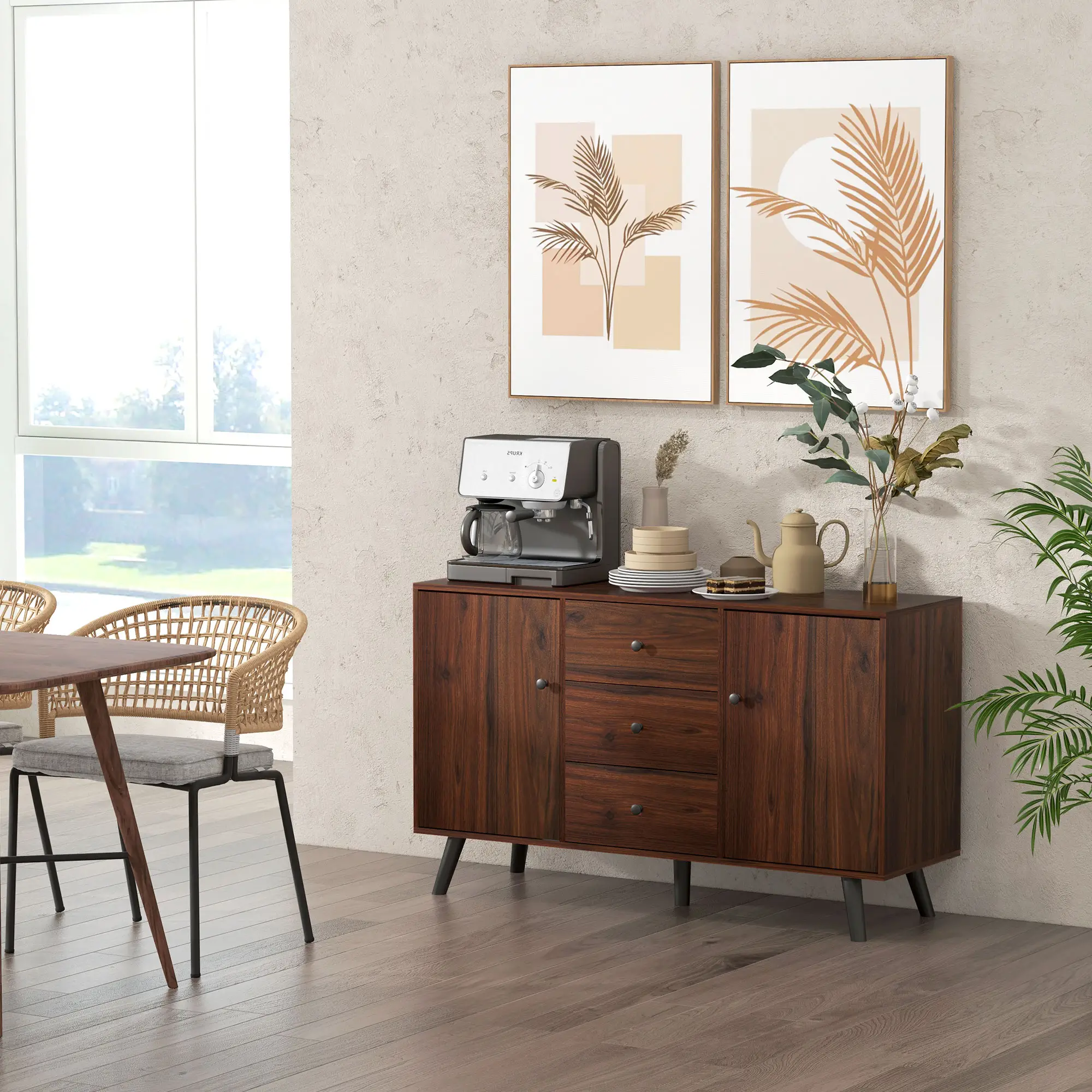 Kitchen Storage Sideboard, Buffet Cabinet, 2 Cupboard, 3 Drawers, Adjustable Shelves, Rustic Brown - Image 8